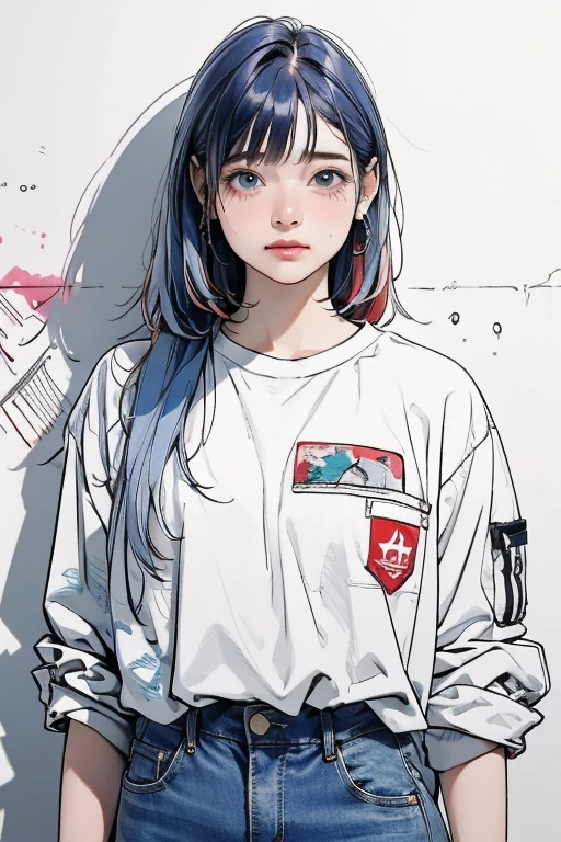 (masterpiece,  top quality ,  very detailed, 8k,  realistic),   One Girl , Alone,  very detailed face, (Upper body photo:1.5),   opposed, I am wearing、 leaning against a concrete wall covered in graffiti ,  medium multi-colored hair leaning against a concrete wall covered with graffiti , She has a t-shirt and military jacket , wide jeans, Strong Shadows, watercolor,  Line Art, draft, RGB,  Color Difference、