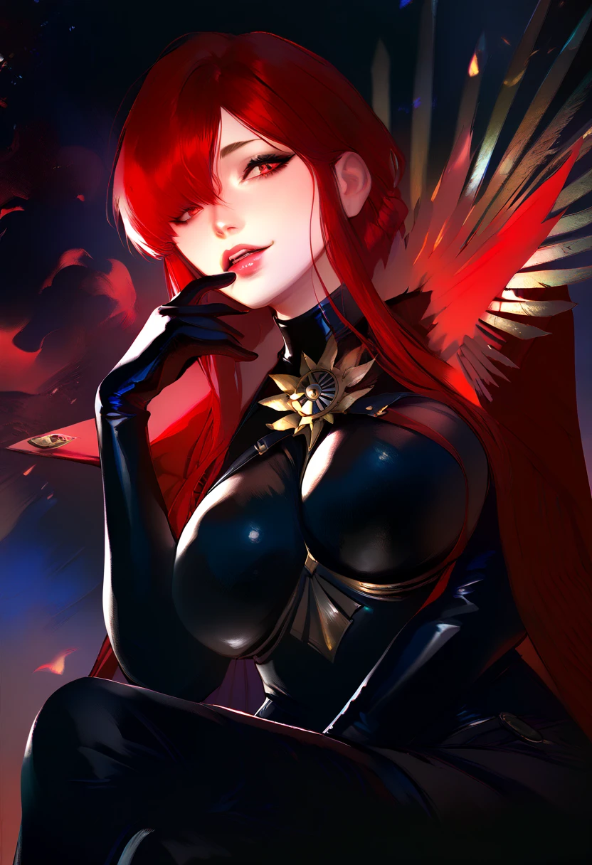 ((best quality, 4k, masterpiece, artwork)), Woman, red hair, horny face, long red hair, anime, huge breasts, red eyes , Alone, hair over an eye, red cape, (((black latex bikini))), (((sexy bikini))), fringe, horny pose, sitting a throne,