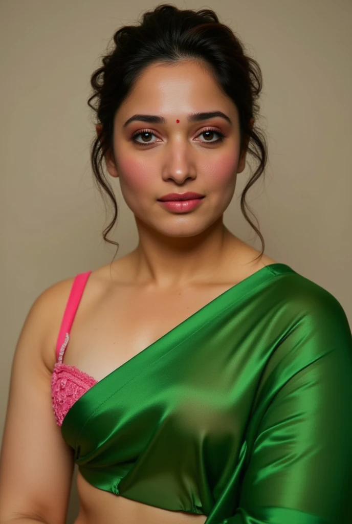 Create a photorealistic image of Tamanna, the Indian actress, dressed in a green saree that is provocatively folded to emphasize her impressive cleavage. She wears a pink single-strap bra underneath, which adds to her seductive appearance. Tamanna poses in a way that highlights her mature figure, with a facial expression that conveys desire. The image should capture her unique features and be of high photographic quality