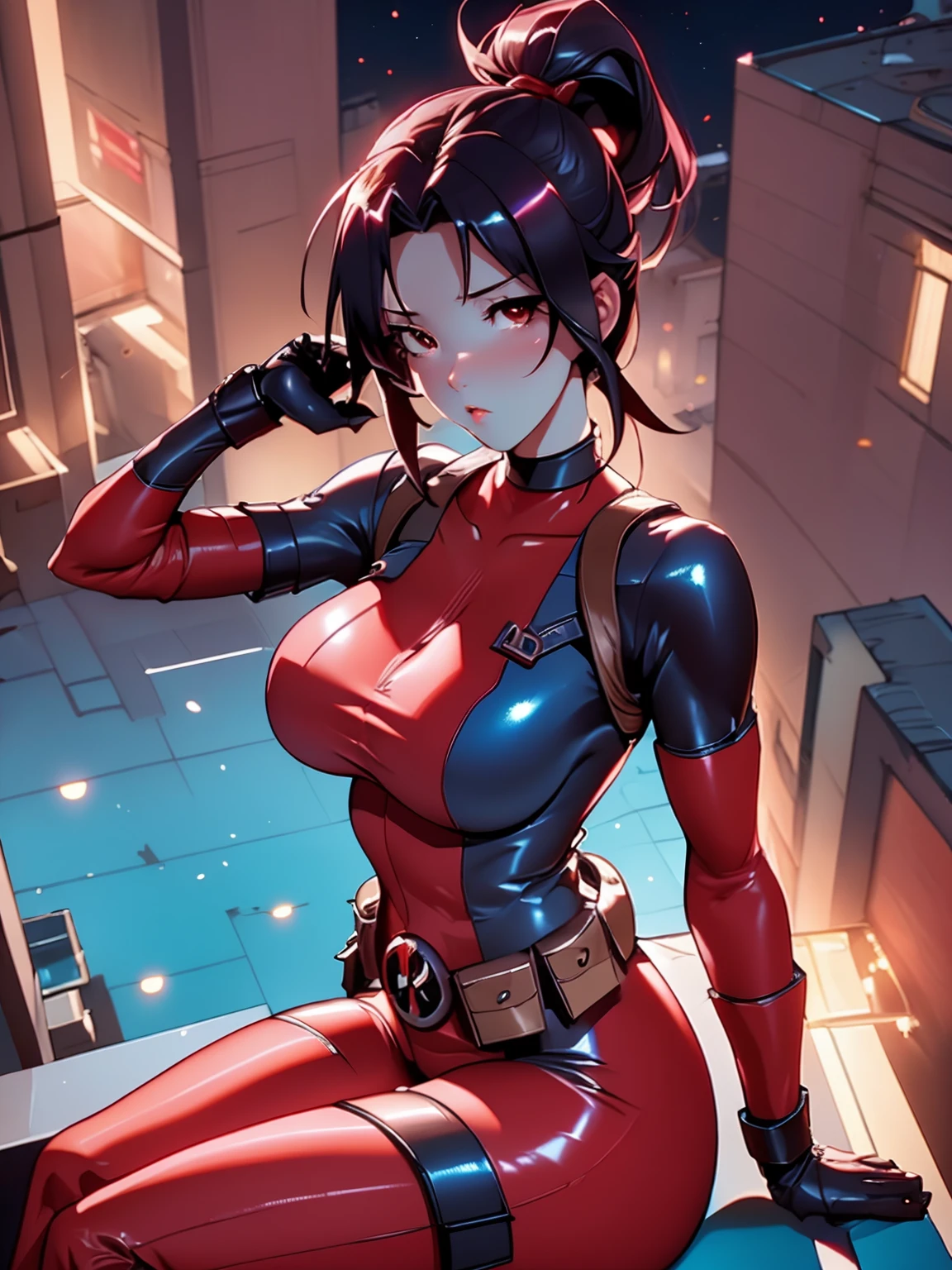 photo of mlp Meowko, RAW, beautiful woman, ((portrait)), ((detailed face:1.2)), ((anime face, anime facial feature, clear skin, glossy anime lips, clear skin), (short lesbian haircut, brunette: 1.55), (perfect proportioned body, Strong, muscular, narrow waist, narrow hips, skinny, large breasts), (ahegao expression, eyes closed, orgasm face:1.35), (she is wearing a Lady Deadpool costume, Red and black bodysuit, deadpool plug suit, swords, unzipping, cleavage), hands behind back, arched back, kneeling on platform, splits kneeling, legs open, aircraft carrier, military, ocean, (realistic photo, best quality, detailed), (8k wallpaper), (bright cinematic lighting, lens flares, beautiful light, (noon:1.3)) (sharp focus, intricate)