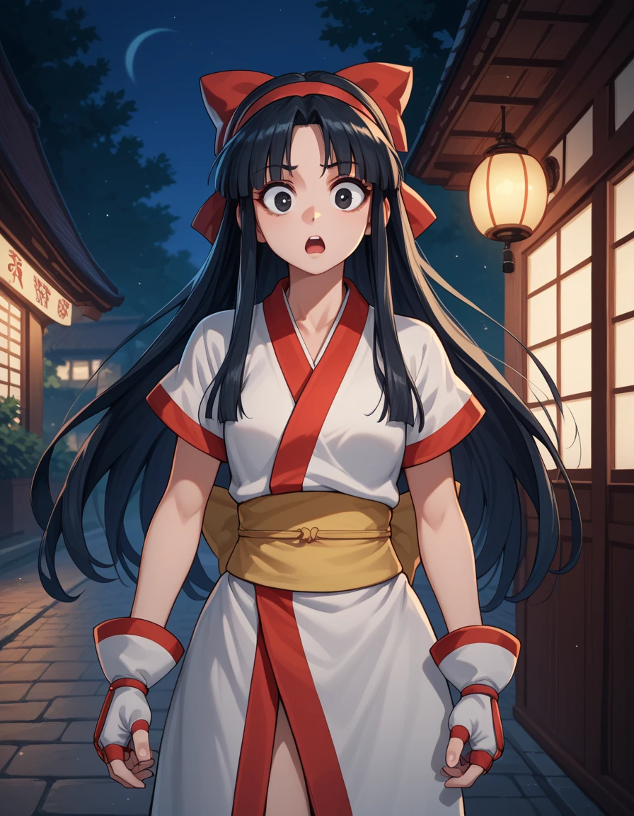 1girl, long hair, black hair, hair bow, hairband, black eyes, ainu clothes, short sleeves, fingerless gloves, A woman standing on a quiet street corner at night, just after the protagonist had earnestly asked her to let him fuck you. She looks surprised and a little flustered by his outrageous but sincere request. Her expression is a mixture of mild surprise and awkwardness; she is surprised, but manages to accept the situation.