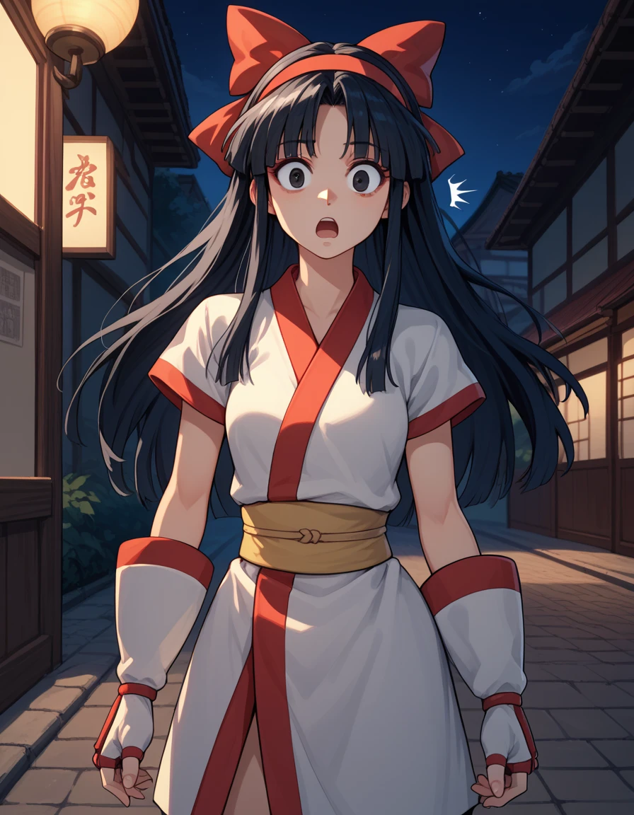 1girl, long hair, black hair, hair bow, hairband, black eyes, ainu clothes, short sleeves, fingerless gloves, A woman standing on a quiet street corner at night, just after the protagonist had earnestly asked her to let him fuck you. She looks surprised and a little flustered by his outrageous but sincere request. Her expression is a mixture of mild surprise and awkwardness; she is surprised, but manages to accept the situation.