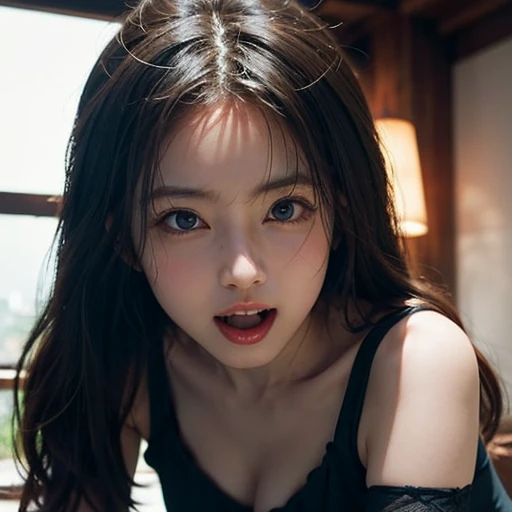 ultra high res, masterpiece, best quality, perfect glossy shiny skins, perfect lighting, detailed lighting, dramatic shadows, ray tracing, black sweater, looking at viewer, off shoulder, Big breasts, Exposed cleavage, nsfw, ((Dark background)), Sexy face, Facial expressions when receiving pleasure,