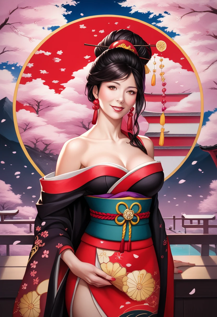 It depicts a beautiful Japanese woman in a kimono、A beautiful Japanese woman wearing a traditional kimono, adorned with intricate patterns, celebrating New Year's in a serene setting filled with cherry blossoms and lanterns, soft lighting, vibrant colors, traditional Japanese art style, (new year's day, first visit),(8k, top-quality, masterpiece​:1.2, extremely detailed), (photorealistic), beautiful illustration, natural lighting,((perfect anatomy, anatomically correct, super detailed skin)), 