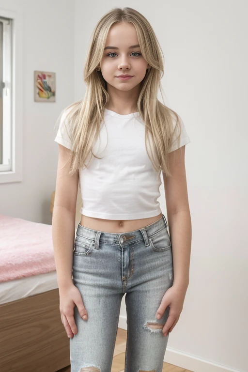 swedish teen, body , really blond hair, small breasts, small breasts, girl, really young, fair skin, really blond hair, , photorealistic, girl, small breasts, small , running body, cute face, green eyes, , small breasts , very small breasts, natural skin color, girl's height 145cm, small butt, no breasts, athletic breasts, straight chest, really short teenager, no nudity, normal photo with clothes, photo taken, in own room, room has white walls and ceiling, gray vinyl floor , white top, white top on, white ripped jeans on, white tight jeans