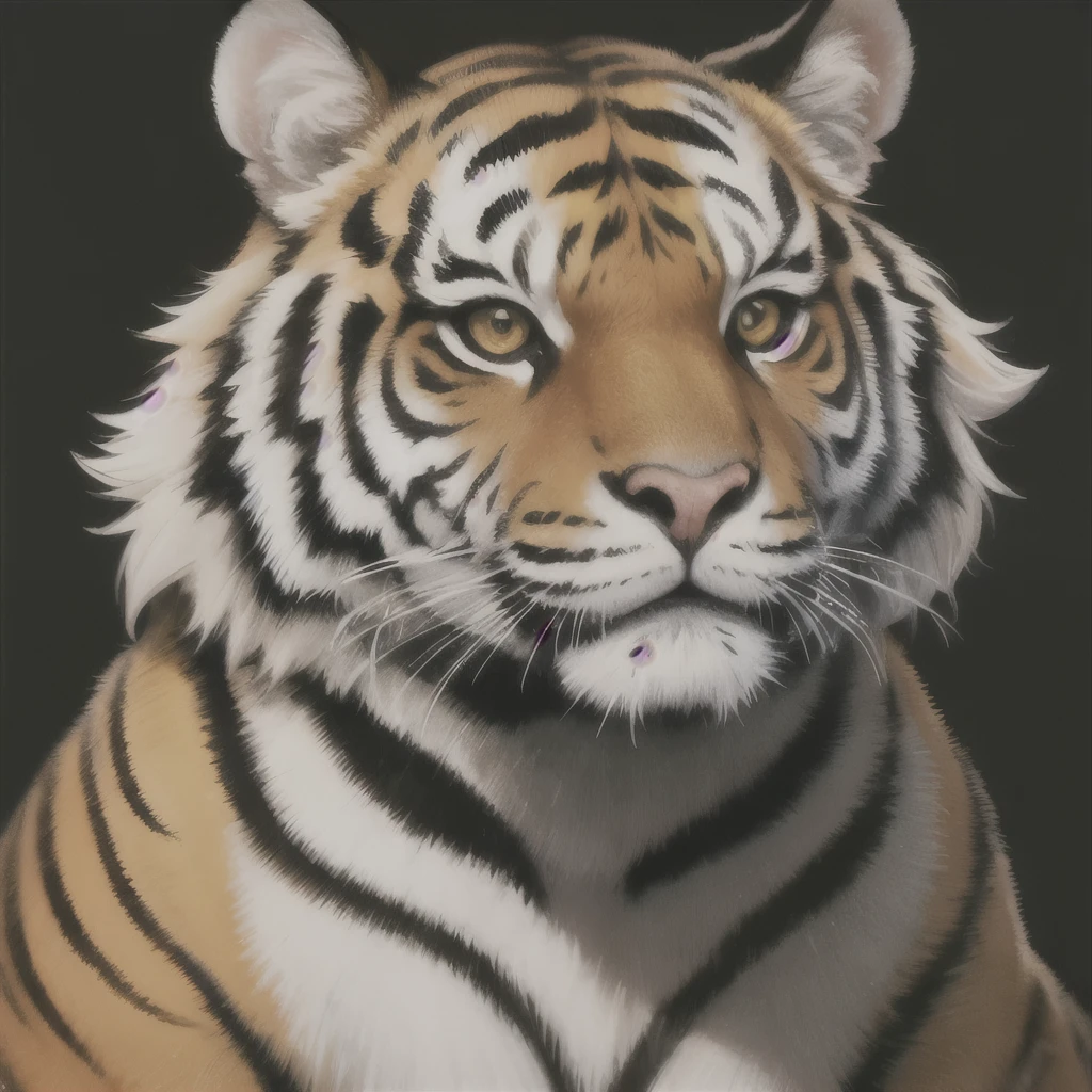 a close up of a tiger sitting on a black surface, a detailed painting by Kanō Tan'yū, trending on zbrush central, qajar art, ((tiger)), style of takato yamamoto, from kehinde wiley, kehinde wiley, a tiger, takato yamamoto aesthetic, tiger, anthropomorphic tiger