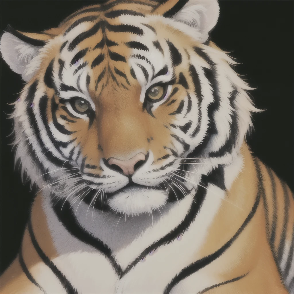 a close up of a tiger sitting on a black surface, a detailed painting by Kanō Tan'yū, trending on zbrush central, qajar art, ((tiger)), style of takato yamamoto, from kehinde wiley, kehinde wiley, a tiger, takato yamamoto aesthetic, tiger, anthropomorphic tiger