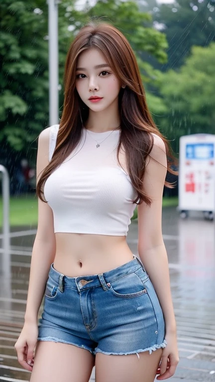 young woman beautiful belly breasts and large breasts with medium brown hair Fair-white wet skin , in wet plain cropped top, long tight blue jeans pant , slightly torn shorts, elegant pose, rain effect ,standing on the public park and rain effect background