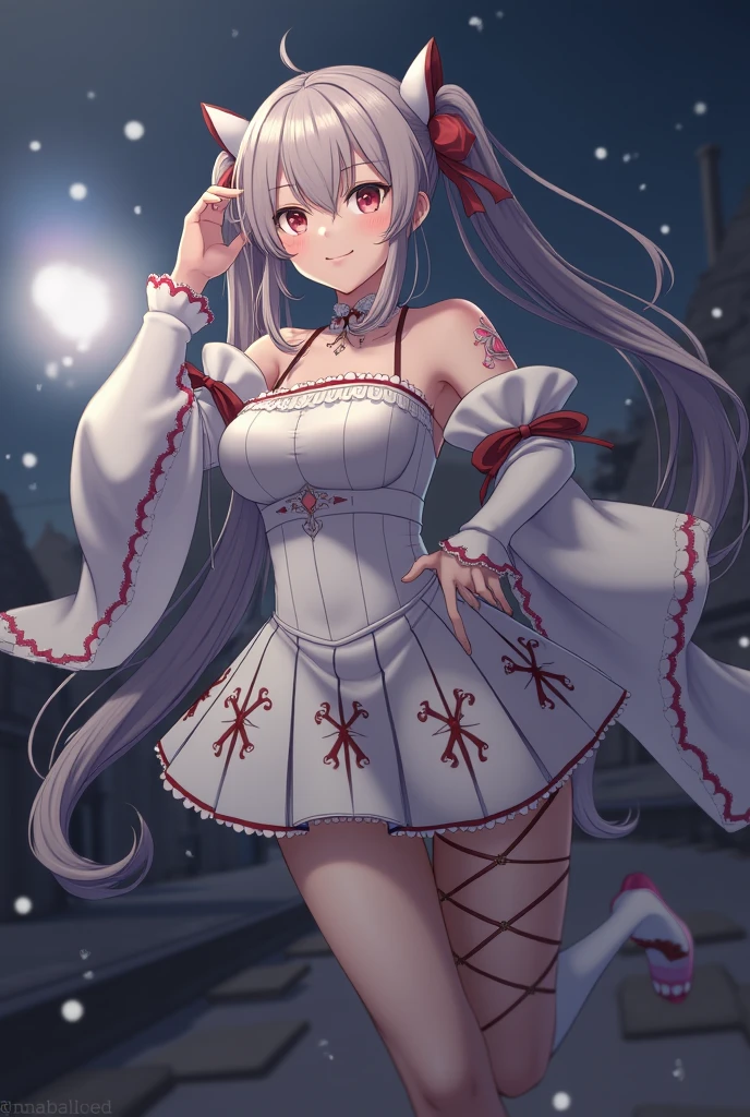 ((masterpiece)), ((Best quality)), (high resolution), (illustration), (an extremely delicate and beautiful), (ultra detailed beautiful face and eyes), nsfw,   1girl, leaning forward,  YukineChris, long hair, purple eyes, twintails, low twintails, ahoge, large breasts,  fishnet pantyhose, red a bow tie,  volumetric lightning, battle  armor、

detailed skin texture, detailed, volumetric shadow, anime screencap,Highest quality, Sorceress, ancient lonian nobility, ((tan skin:1.2)), (brown skin color),Long hair, twin braids, hair ornament, wine colored hair, smile, Below average size breasts, bare shoulders, (underboob:0,Red leotard、Torn clothing、clothes get torn、Legs apart, facing forward, arms folded、Wide-open legs、Standing with your legs apart、Front 8K, masterpiece, Best_quality, high_resolution, ultra_details, detailed, 1girl, 独奏, looking_at_viewer, upper_body, indoors, braid, blurry, bangs, white_hair, blurry_background, collared_shirt, church, hair_ribbon, hair_between_eyes, sidelocks, depth_of_field, light_particles, moon,night,knightfrench_braid, Alphonse Mucha Style, sharp focus, perfect hands, perfect face, perfect eyes, perfect light, dynamic light, natural light, Masterpiece, Best quality, red dress、Yukine Chris、Symphogear