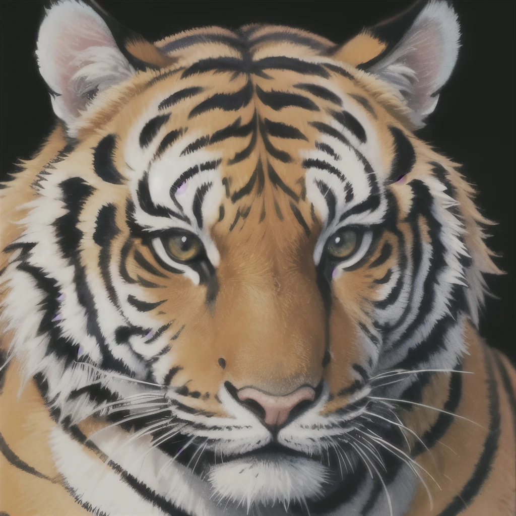 a close up of a tiger sitting on a black surface, a detailed painting by Kanō Tan'yū, trending on zbrush central, qajar art, ((tiger)), style of takato yamamoto, from kehinde wiley, kehinde wiley, a tiger, takato yamamoto aesthetic, tiger, anthropomorphic tiger