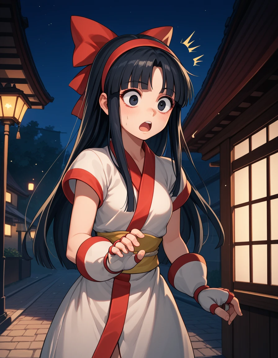 1girl, long hair, black hair, hair bow, hairband, black eyes, ainu clothes, short sleeves, fingerless gloves, A woman standing on a quiet street corner at night, just after the protagonist had earnestly asked her to let him fuck you. She looks surprised and a little flustered by his outrageous but sincere request. Her expression is a mixture of mild surprise and awkwardness; she is surprised, but manages to accept the situation.