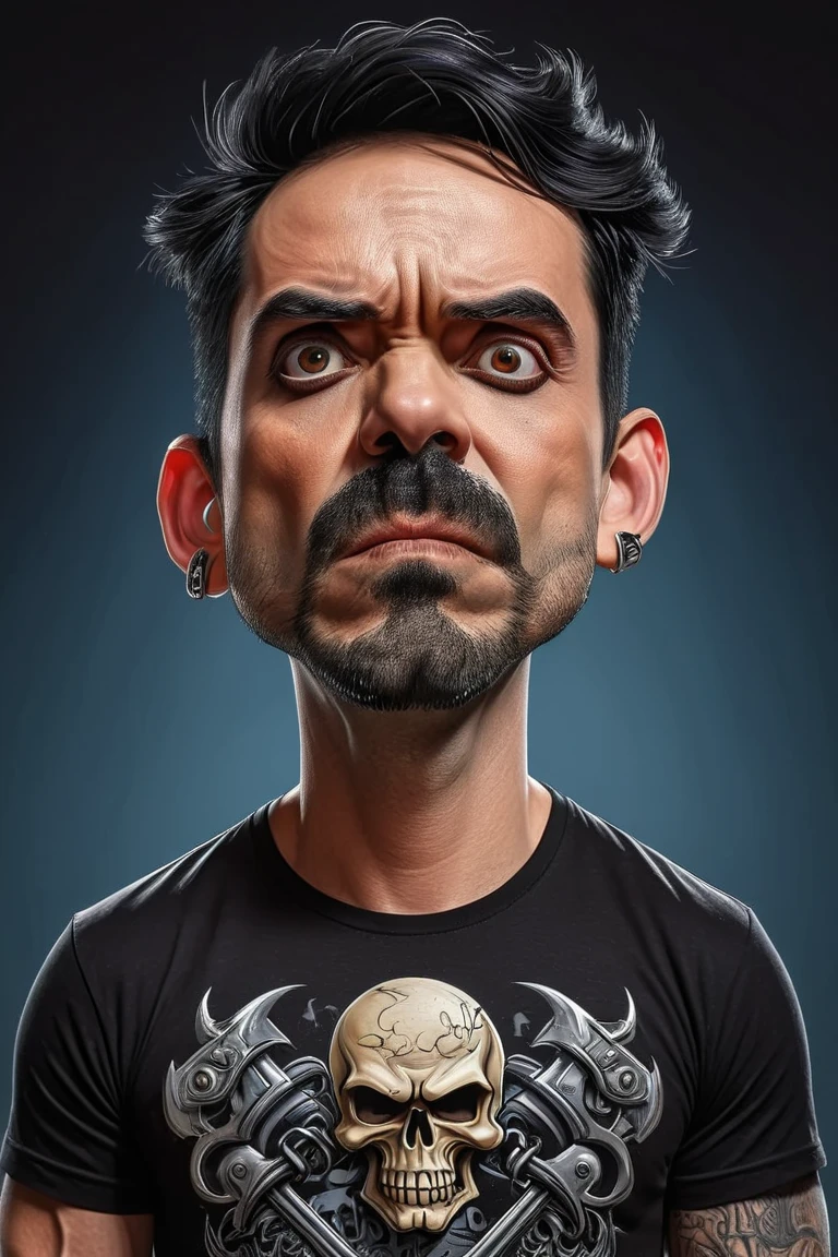  Full-body Caricature of a handsome strong man, ina heavy metal concert, wearing a clack t-shirt with a skull design, black hair, exaggerated features with a large nose and big eyes, face will look right into the camera, W7ruff4 face, detailed face, intricate, realistic, realistic skin texture, 4K.