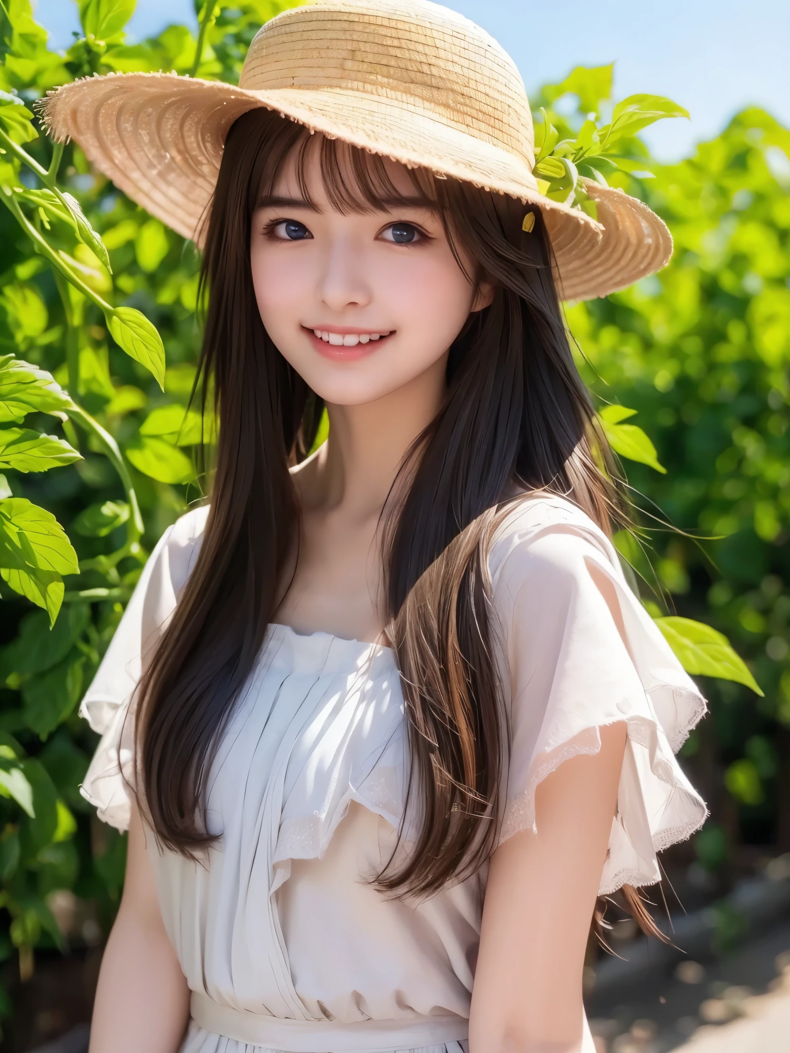 top quality、  super high res 、(Photographically: 1.2)、  beautiful eyes、  very beautiful 、  shiny hair、 face close-up、A whole lot of smiles、((medium hair))、Tomato Farm、 Straw Hat 
