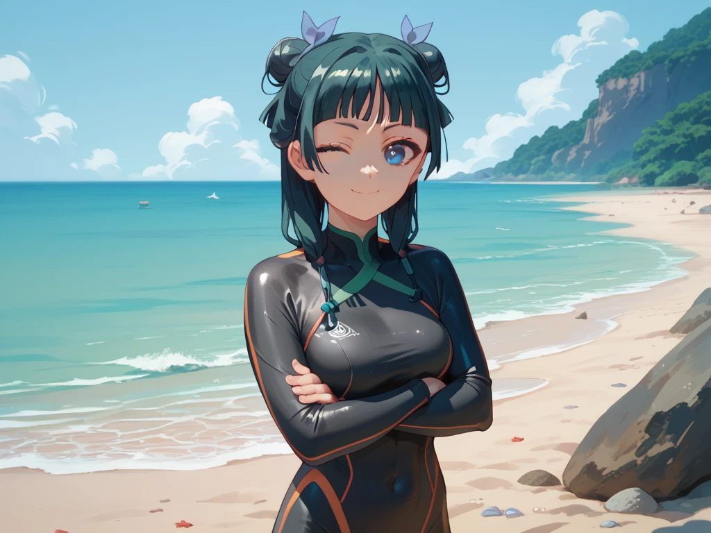 1girl, maomao, beach, black wetsuit, High Resolution, High Quality, double bun, medium breasts, Smile, green hair, blue eyes, standing, looking at viewer, closed mouth, one eye closed, sit, crossed arms, Cowboy Shot.