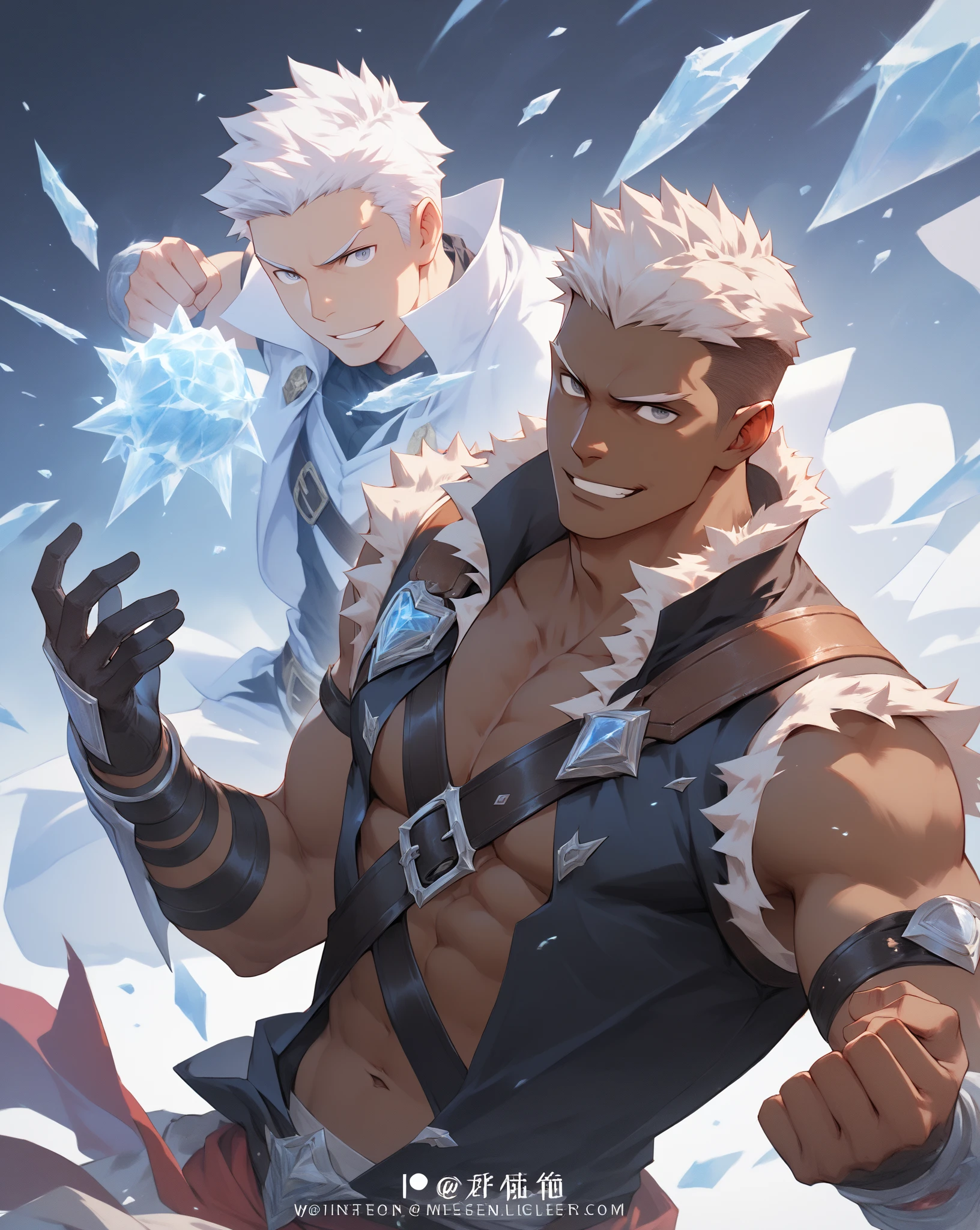 High Quality,Masterpiece,nsfw,gay,detailed body,,forehead,((dark brown skin male:1.3)),ideal ratio body propotions,white hair,short hair,fur on the collar、black and gray eyes,glove,,low small nose,Dog face,short length white vest,(((under cleavage cut))),Ice Fist,navel,under moob,breast belt, firm body、Pectoral muscles,fantasy,glove,we have、Belligerent,young,attack,ice ball,Monkey face