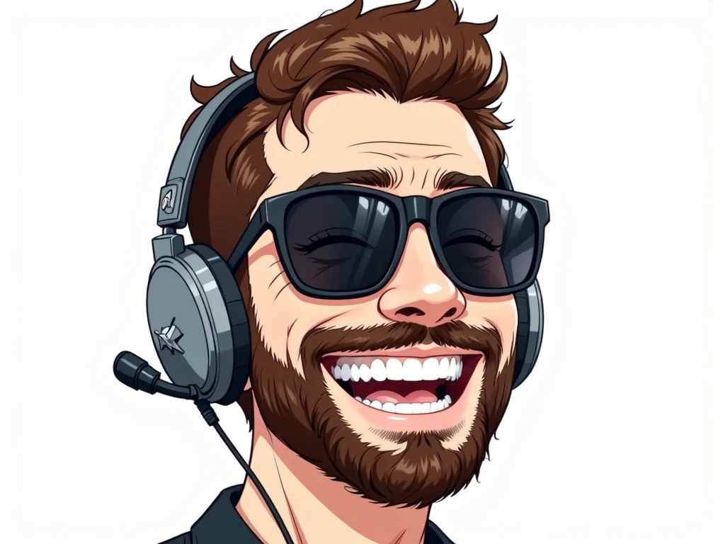 ((Cartoon-style illustration)), (high-quality, vibrant colors), A bold and energetic POV-SIDE illustration of a character with exaggerated features. The focus is on a head-and-shoulders composition, featuring the character with brown hair and a beard, beige skin, and wearing black sunglasses and a gray headset with a microphone extending from the left side. The headset should have a small logo or emblem on the right side. The character should be facing forward with a slight tilt to the left by about 35 degrees, displaying a wide, exaggerated grin with all teeth showing and closed eyes, suggesting laughter or extreme happiness.

Use smooth textures with clear outlines, and apply even lighting with no strong shadows for a flat, graphic appearance. The dominant colors should be black, brown, beige, and gray. The background should be minimal, focusing entirely on the character's face and upper body.

The overall style combines vibrant energy with a professional and approachable vibe, perfect for representing the character in a fun and engaging way. (cartoon illustration, POV-SIDE, exaggerated features, vibrant colors, smooth textures, clear outlines, even lighting).