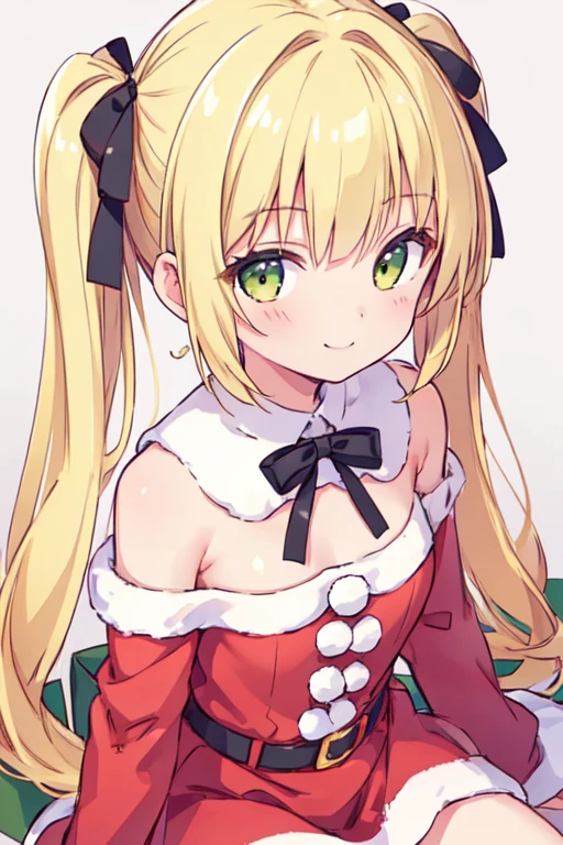 1girl,arm up,blonde hair,bow,bowtie,frills,full body,green eyes,green ribbon,grin,hair ribbon,happy,long hair,one eye closed,panties,pillarboxed,pink background,ponytail,red bow,red bowtie,red skirt,ribbon,skirt,smile,solo,teeth,underwear,white panties