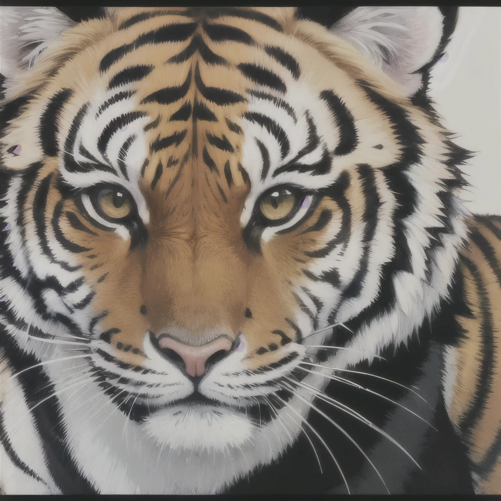 a close up of a tiger sitting on a black surface, a detailed painting by Kanō Tan'yū, trending on zbrush central, qajar art, ((tiger)), style of takato yamamoto, from kehinde wiley, kehinde wiley, a tiger, takato yamamoto aesthetic, tiger, anthropomorphic tiger