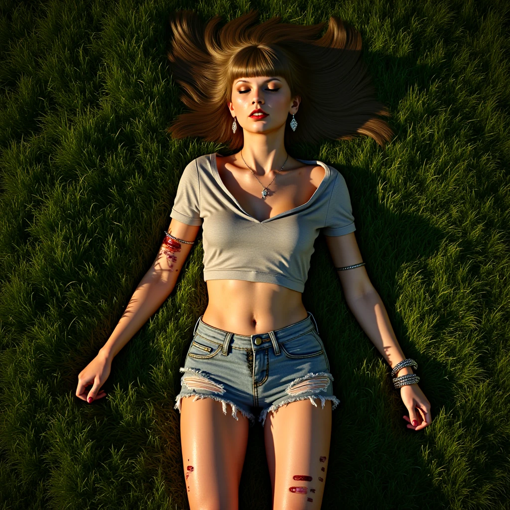 Top-down, photorealistic view of a stunning TaylorSwiftFlux lying unconscious on lush, green grass. Her arms are spread out chaotically, legs slightly bent at the knees, with her hair tangled and spread around her head. Her eyes are closed, her face expressing pain and anguish. She wears a sleek t-shirt and distressed shorts, boots, makeup, earrings, with a small, delicate silver pendant visibly catching the light on her neck. Visible injuries, like scrapes and bruises, mark her skin, contributing to a narrative of vulnerability and intrigue. Her expression is serene, eyes softly closed, suggesting a peaceful yet haunting scene. The setting is bathed in the golden hour light, with sunlight filtering through nearby trees, creating a pattern of dappled shadows across her body and the surrounding grass. Emphasize the ultra-realistic textures of both the grass and fabric, capturing every detail in a cinematic composition that balances beauty with a sense of urgency.
