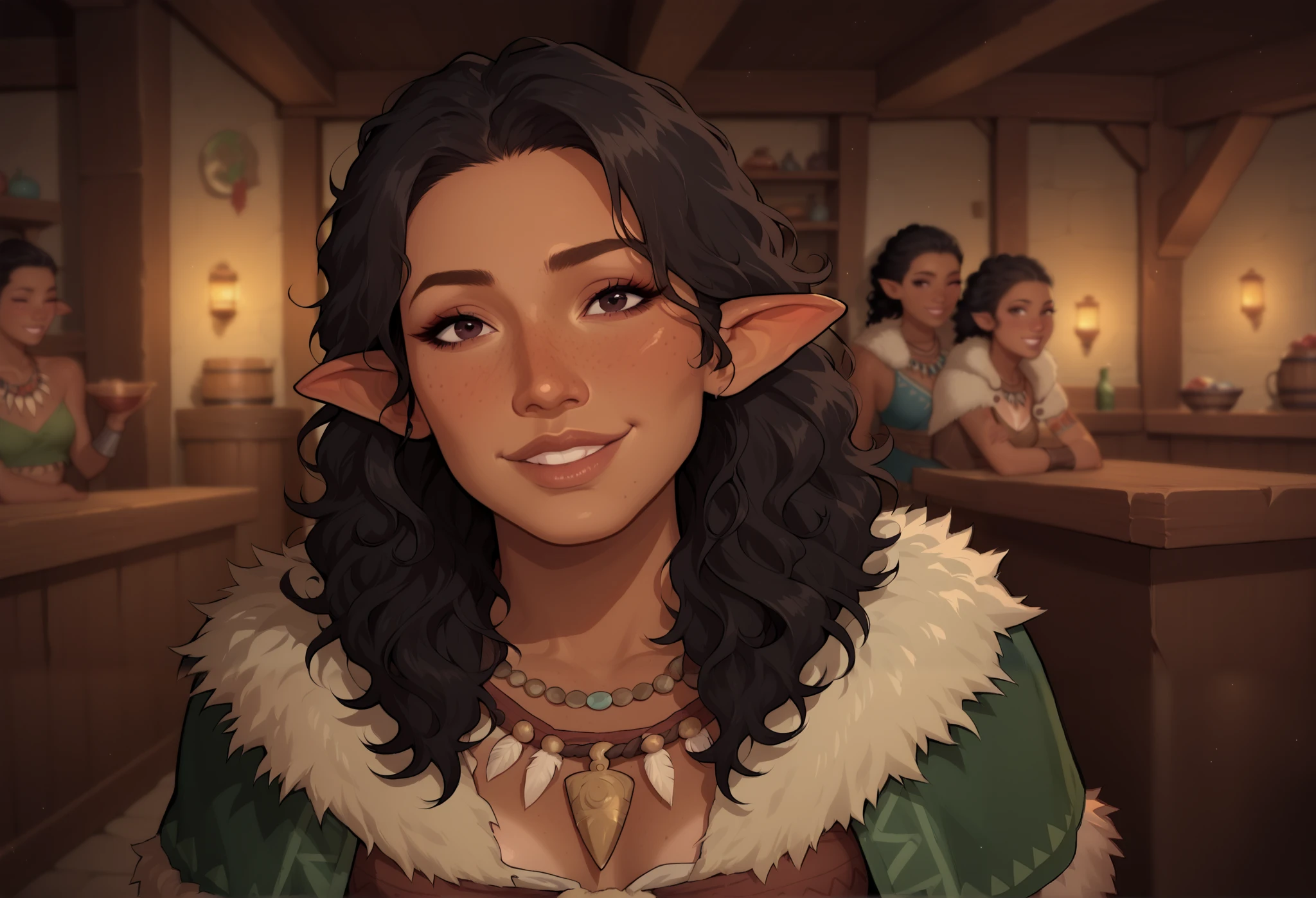 (((beautiful, high quality, comics style, detailed face))), score_9, score_8_up, score_7_up, BREAK, solo:1.4, pointed ears, mature woman, milf, 55yo, Latina appearance, long frizzy black hair, perfect dark eyes, (high cheek bones: 1.0), ((brown skin, tanned skin:1.3)), sexy body, freckles, small perky breasts, lanky, gangly, small medium cleavage, (black fur trimmed cape:1.2), chest, tribal clothes, chest band, necklace of teeth, holding a wooden staff, brown fur cape, female focus, gentile smile, portrait, upper body, portrait, looking at the viewer, front view, bent over, vest, arm tattoos, fantasy tavern, blurred background, (dynamic lighting:1.1) ((masterpiece)), Expressiveh, detailx