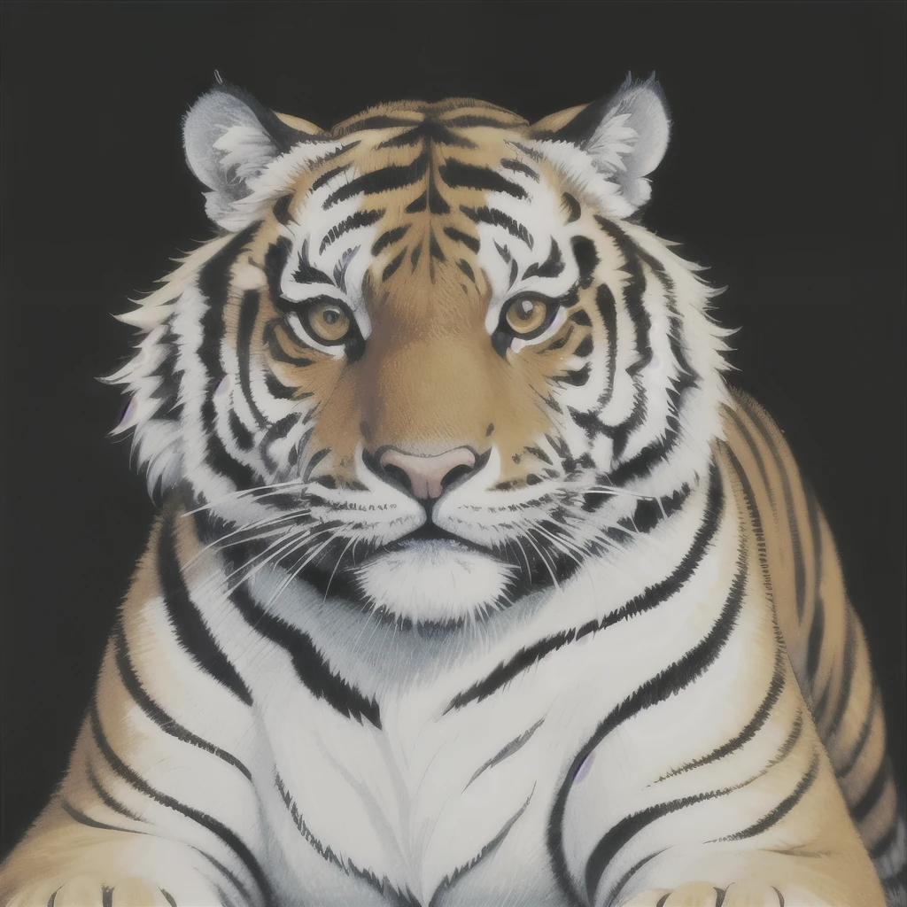 a close up of a tiger sitting on a black surface, a detailed painting by Kanō Tan'yū, trending on zbrush central, qajar art, ((tiger)), style of takato yamamoto, from kehinde wiley, kehinde wiley, a tiger, takato yamamoto aesthetic, tiger, anthropomorphic tiger