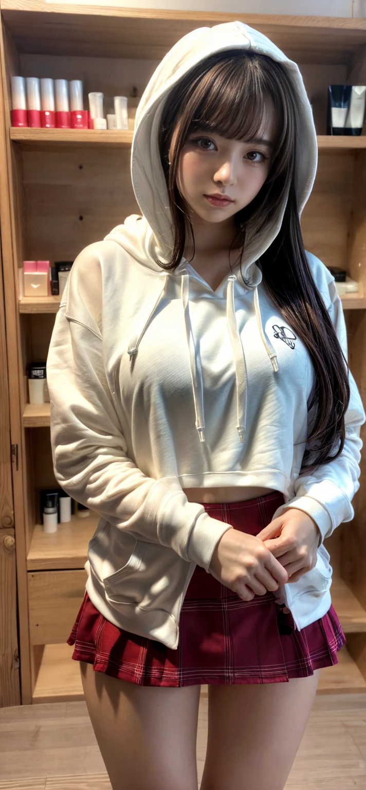 muste piece, best quality, illustration, Super detailed, fine details, High resolution, 8K,wall paper, perfect dynamic composition,(Details High quality, realistic depiction of eyes:1.3), Oversized Light Grey Hoodie, Erotic Short, knee high sock, large breasts, black hair color, Big Natural Color Lip, bold sexy pose, (perfect body shape), crying a little、cold gaze, Harajuku style、20 year old girl、cute type、lolita、beautiful legs, hotel room, hposing Gravure Idol, Voluptuous thighs