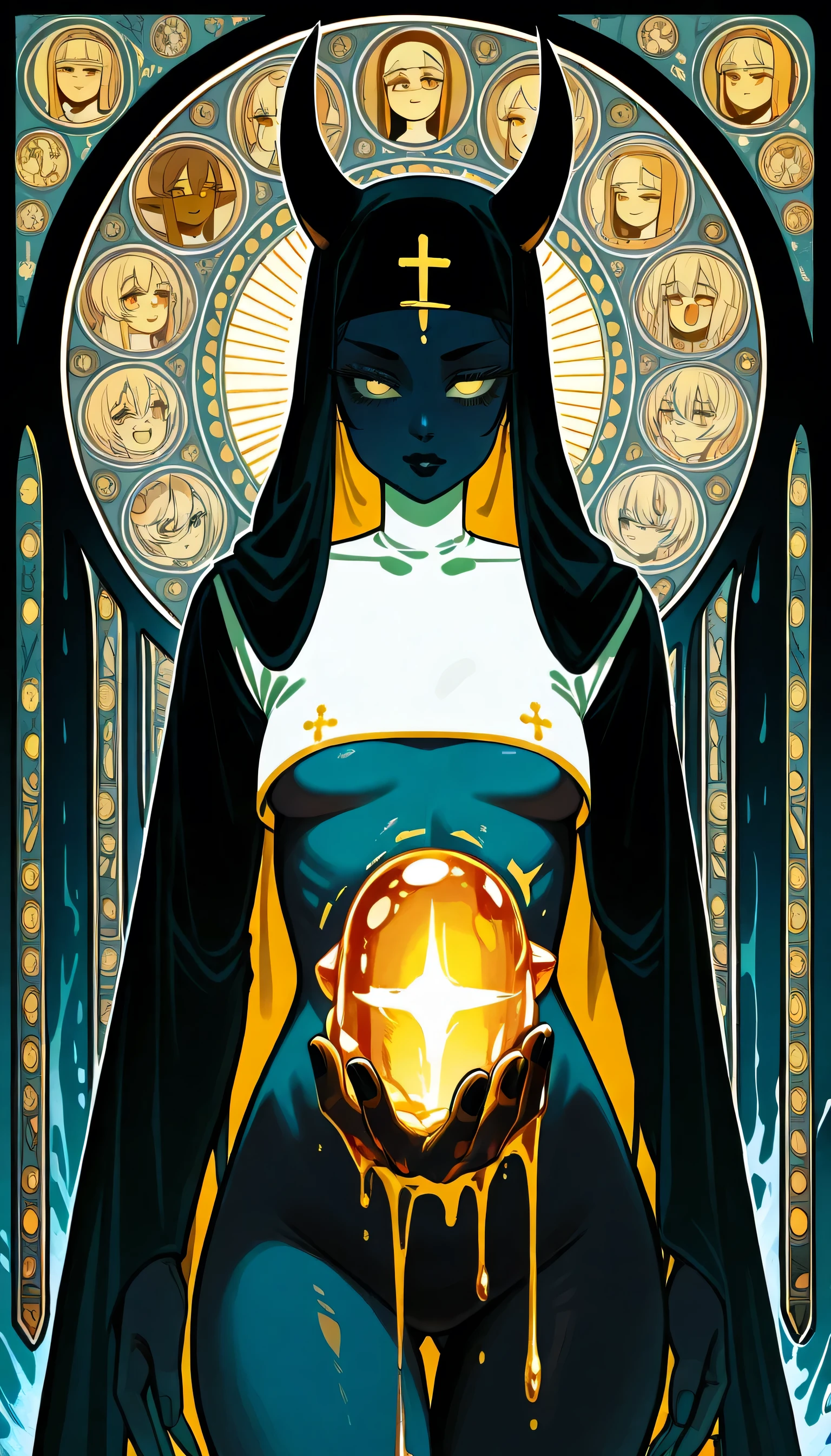 (limited palette:neon blue and violet ),sexy nun, black woman, bare chested, devil horns \(large\), highly detailed, dmt, witch, geodes, glowing eyes, light flowing in and out of her body, flowing glowing water, crystals, metal, , art nouveau
