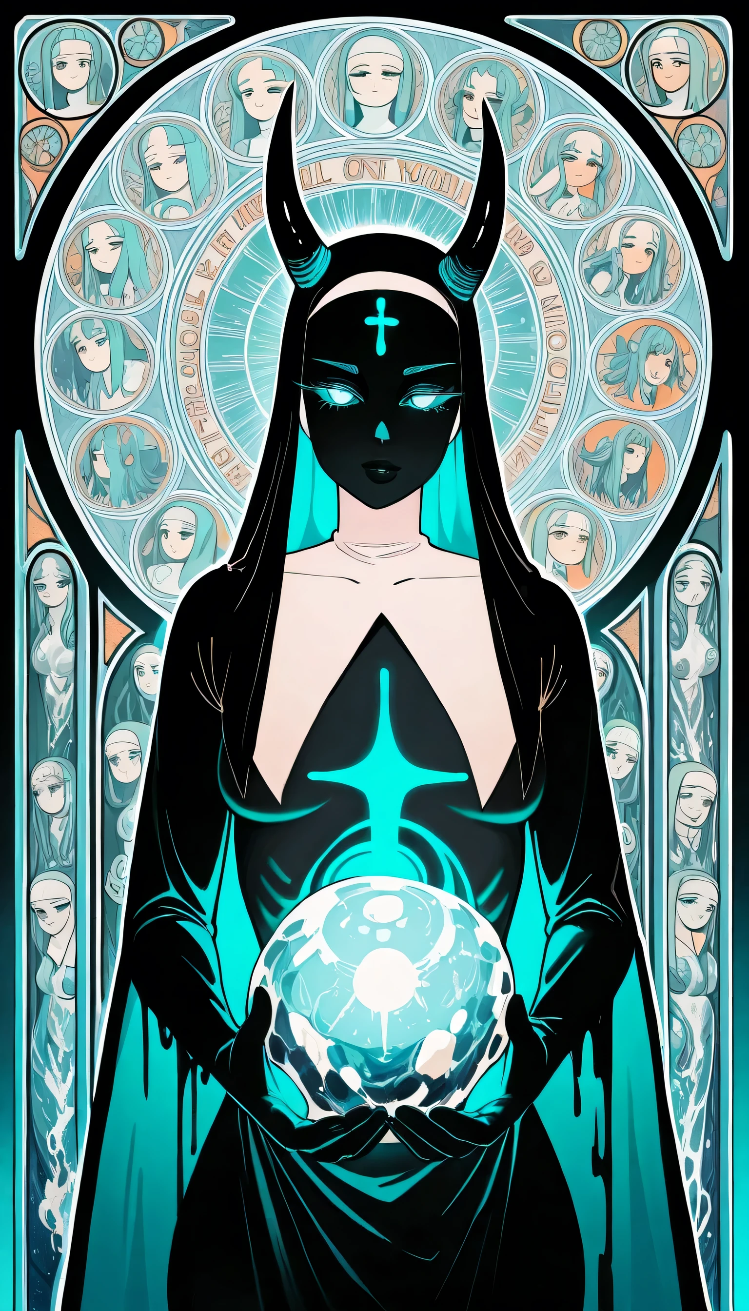 (limited palette:neon blue and violet ),sexy nun, black woman, bare chested, devil horns \(large\), highly detailed, dmt, witch, geodes, glowing eyes, light flowing in and out of her body, flowing glowing water, crystals, metal, , art nouveau