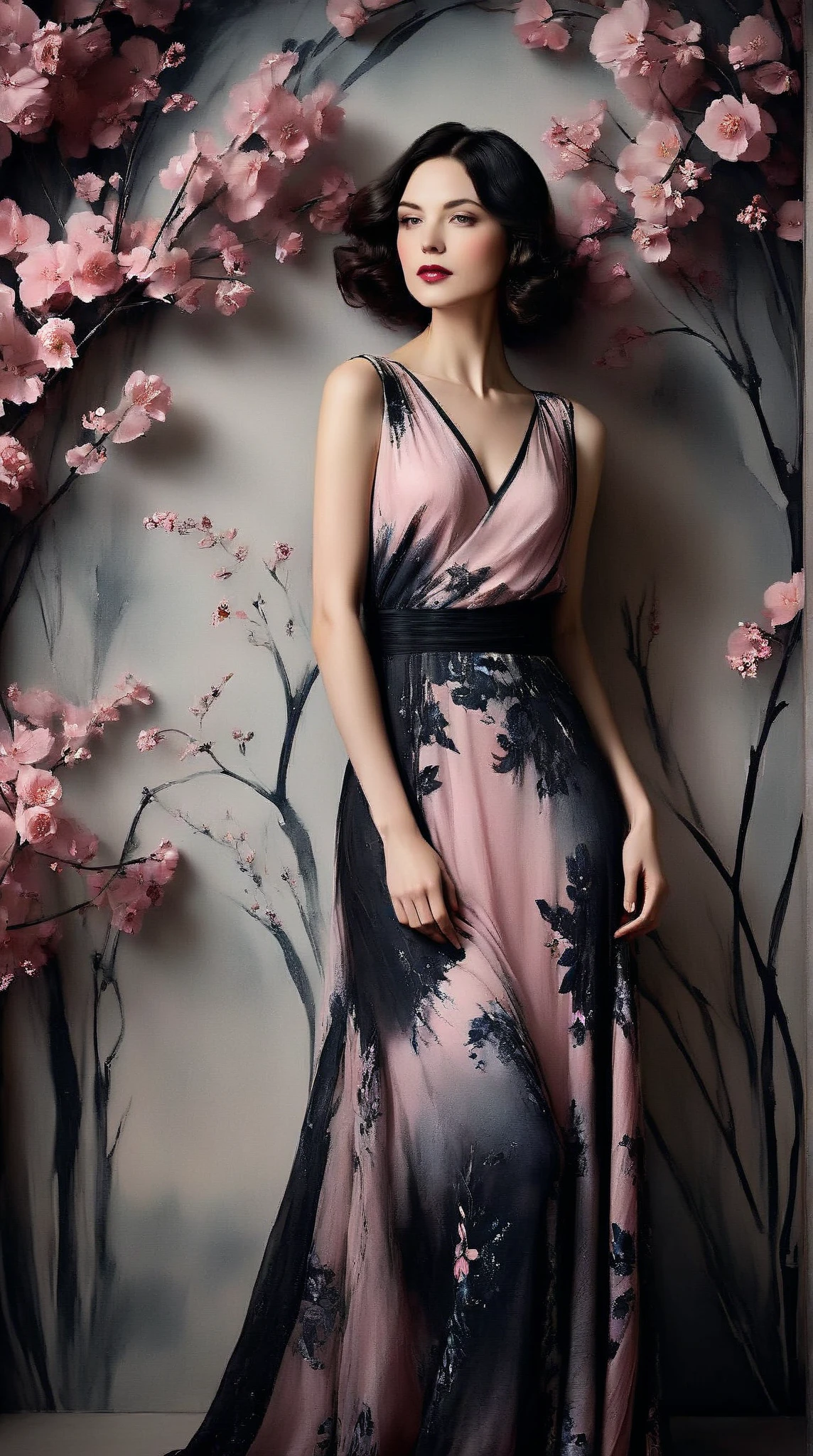 In a whimsical floral backdrop, a graceful European woman from the 1920s stands elegantly. Her delicate features are softly illuminated, framed by gentle waves of dark hair. She wears a flowing pink dress that billows lightly, enhancing her serene presence. Her lips are a striking red, adding a touch of vibrancy to the soft monochrome palette of the scene.

The artwork resembles a black and white ink painting, with fluid brush strokes and delicate line work that evoke a sense of nostalgia. Subtle tones of ink blend seamlessly, while the background bursts with pastel flowers, creating a dreamlike atmosphere. The entire composition radiates tranquility and romance, inviting the viewer into a moment frozen in time.