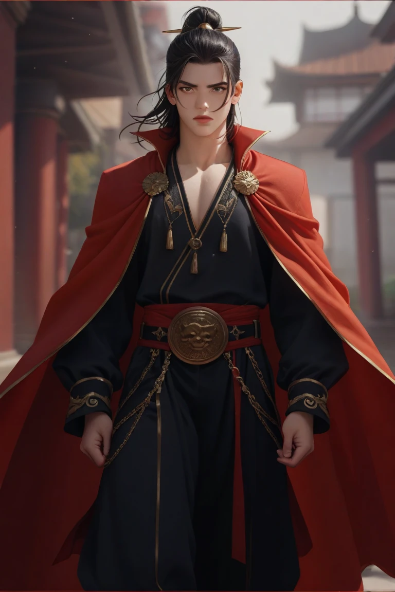 a young male cultivator wearing Chinese-style heavenly cultivator martial style clothing in black with gold details with a red cape with an effeminate attractive but masculine face with a strong body like a Greek god with a belt with a lion design with straight shoulder length hair with a serious and cold look