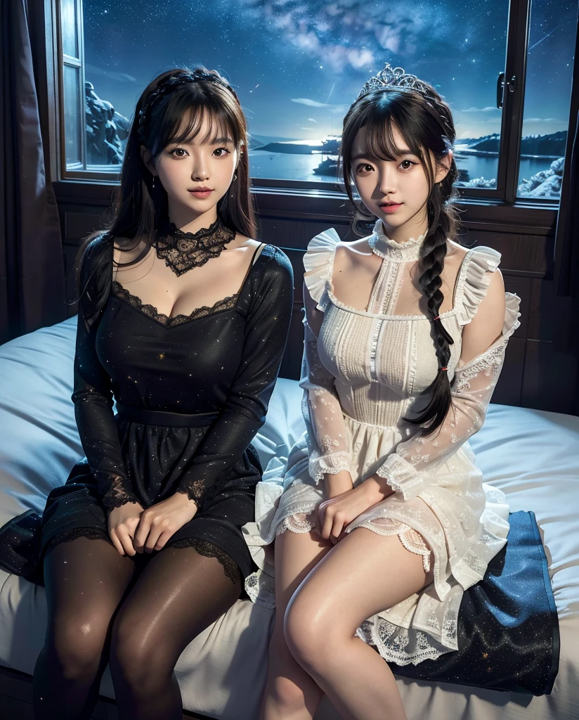  trending at cgstation, Ulzzang,  Gouvais-inspired artwork, With a cute face,  beautiful. beautiful顔.Two Women .(Nightsky.starry).window (8k)  Inside royal room. winter. fantasy. line-up group. Lace .  Longe Dress. Braid.colorful. leggings.  Bed. Smile .tiara. sit