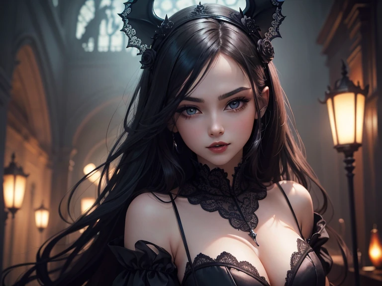 Beautiful painting of a perfect Succubus with a slender figure, large breasts, shapeless long hair, and small horns adorns the canvas. Her features are of near perfection, with a captivating face, dating back to the age of abstract beauty and pure form. In a dynamic pose, she faces the camera, wearing an extremely baroque, revealing dress that leaves little to the imagination. The upper body shot showcases her ethereal beauty in the bright light, highlights and deep dark shadows creating a striking contrast. This masterpiece is inspired by the works of Greg Rutkowski, John William Waterhouse, and Alphonse Mucha, boasting stunning details and intricate texture, with