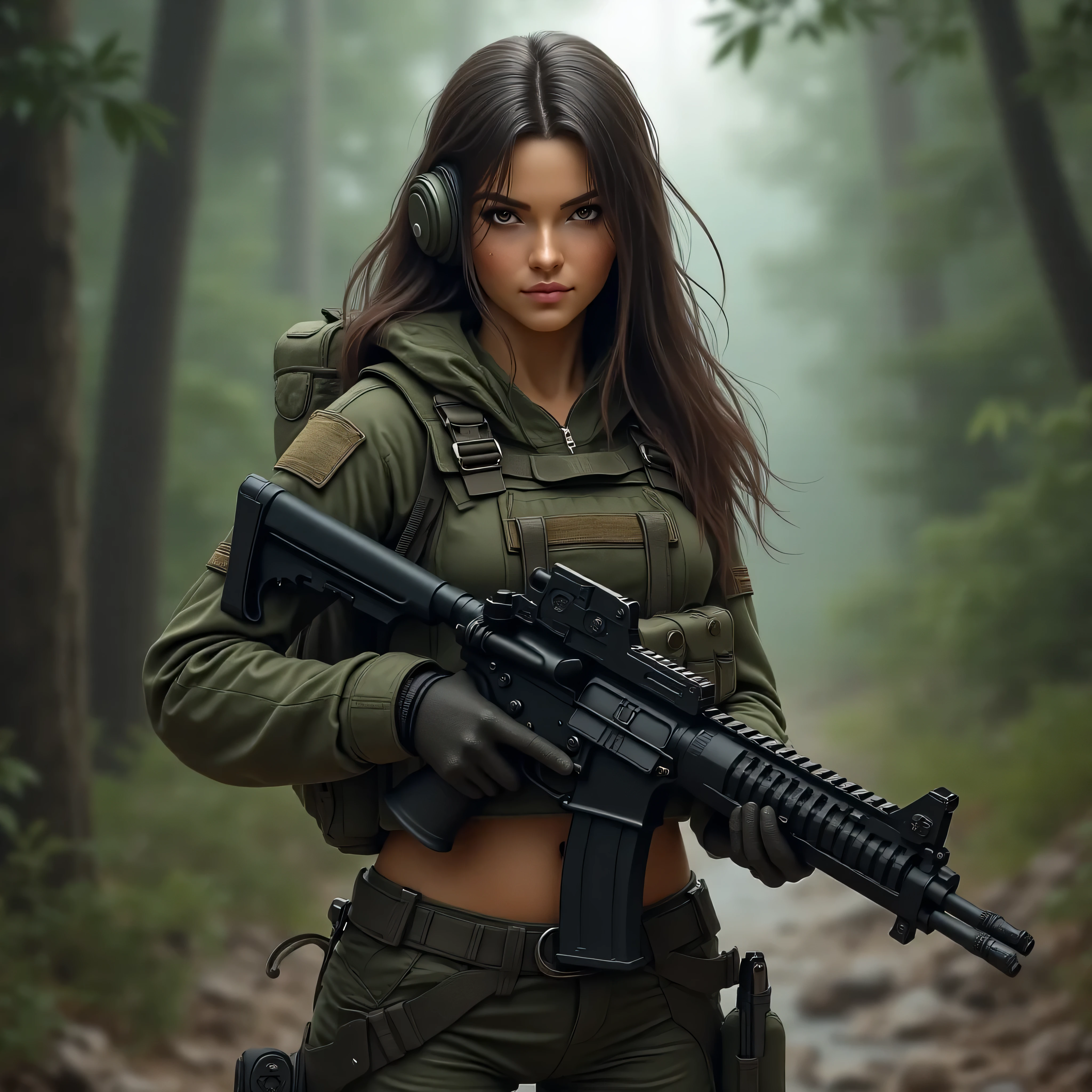 One girl, alone, Long Hair, Brown Hair, Black Hair, belly button, Holding, arms, Shorts, abdomen, Holding arms, gun, army, Headphones, Holding gun, rifle, handgun, headset, Realistic, assault rifle, Camouflage, M4 carbine, Load-bearing vest,Wearing epTactical