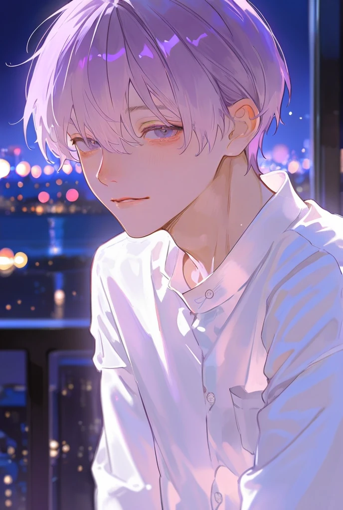  1 man, White Shirt , night view, Blurry Backgrounds ,
 wearing blond , purple eyes, 