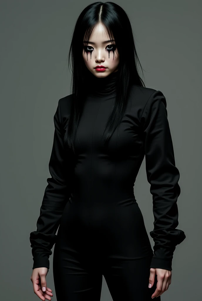 high angle american shoot, ultra-realistic textures, ink japanese canvas style, a sinister but attractive humanoid puppet, skinny and creepy Sadako Yamamura style from The ring, scary pale grayish face, very long and straight black hair, wearing a shabby outfit with a black miniskirt, black leggings and a thin black sweater very tight ghostly appearance, skin of the face with cracks, in a dark house in the dark foggy night