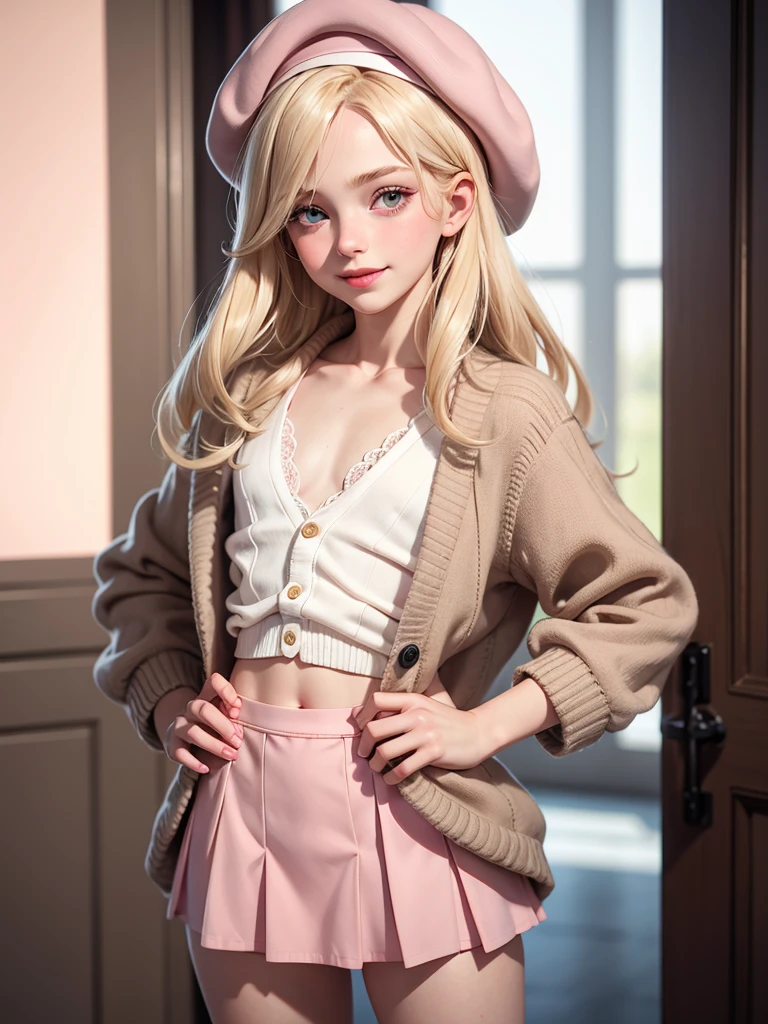 (best quality), 1boy, male, cute face, porcelain skin, blonde hair, straight hair, long hair, swept bangs, beret, cardigan, skirt, brown eyes, perfect eyes, flat chest, smile, blush, pink lips, masterpiece, anatomically correct, highres