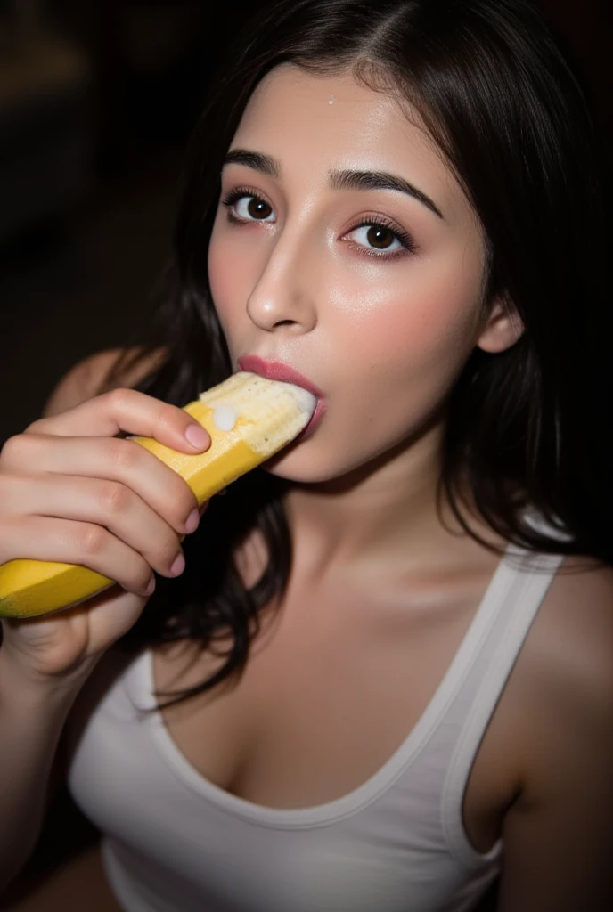 A woman eating a large banana wearing tank top, detailed facial features, beautiful eyes, lush lips, photorealistic, high resolution, 8k, hyperdetailed, studio lighting, dramatic chiaroscuro, cinematic, moody lighting, dramatic shadows, rich colors, vibrant, oil painting, masterpiece, intricate details, hyperrealistic,beautiful girl , The white cum (sperm) on face