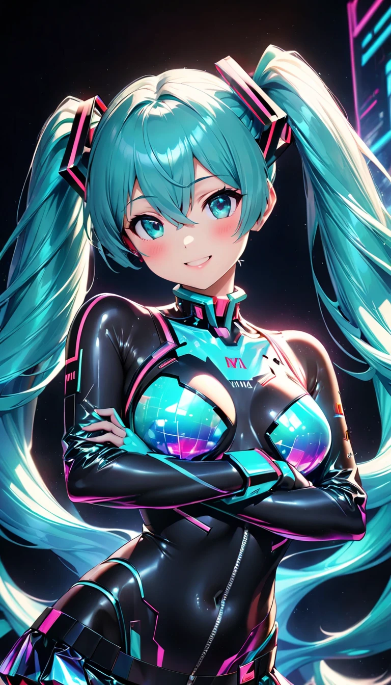 最high quality、Best image quality、masterpiece、Hatsune Miku Vocaloid、Big breasted android girl((18-year-old、red, Glowing black and blue cyber suit、Best Bust、Bust 90、Twin tails、red Eyes、Open your chest wide、valley、happiness、thin、Expressionless、)）high quality、Beautiful art、background((Metro City、cyber punk、Nightclub、Cyber World))、Tabletop、Exquisite design、Visual Arts、