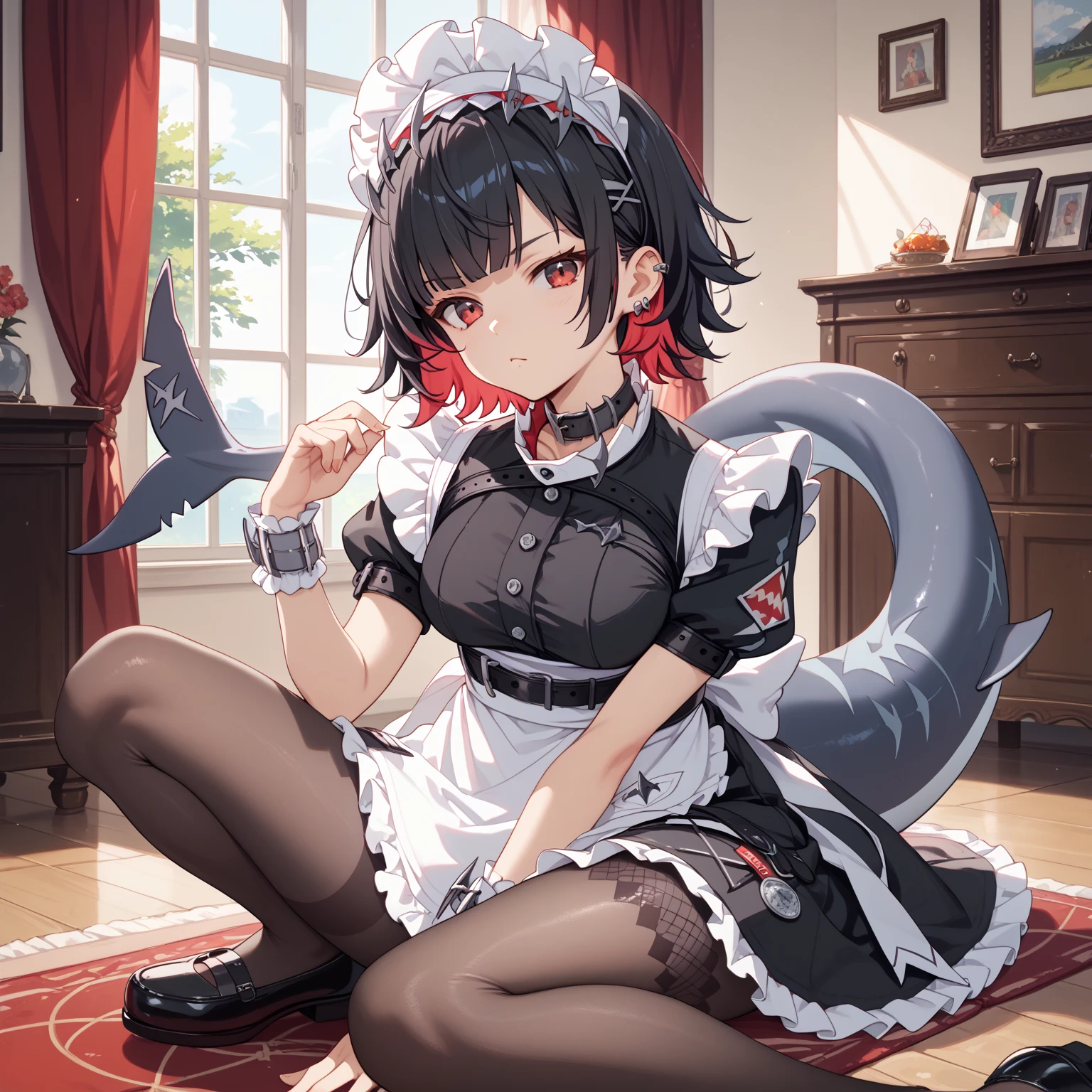 ellen, red eyes, black hair, short hair, colored inner hair, hairclip, ear piercing, fins, shark tail, maid headdress, hair ornament, black dress, puffy short sleeves, choker, frilled dress, high-waist skirt, black pantyhose, wrists cuffs, apron, belt, black footwear, Sit, Room, Displeased face, Beautiful view, good atmosphere