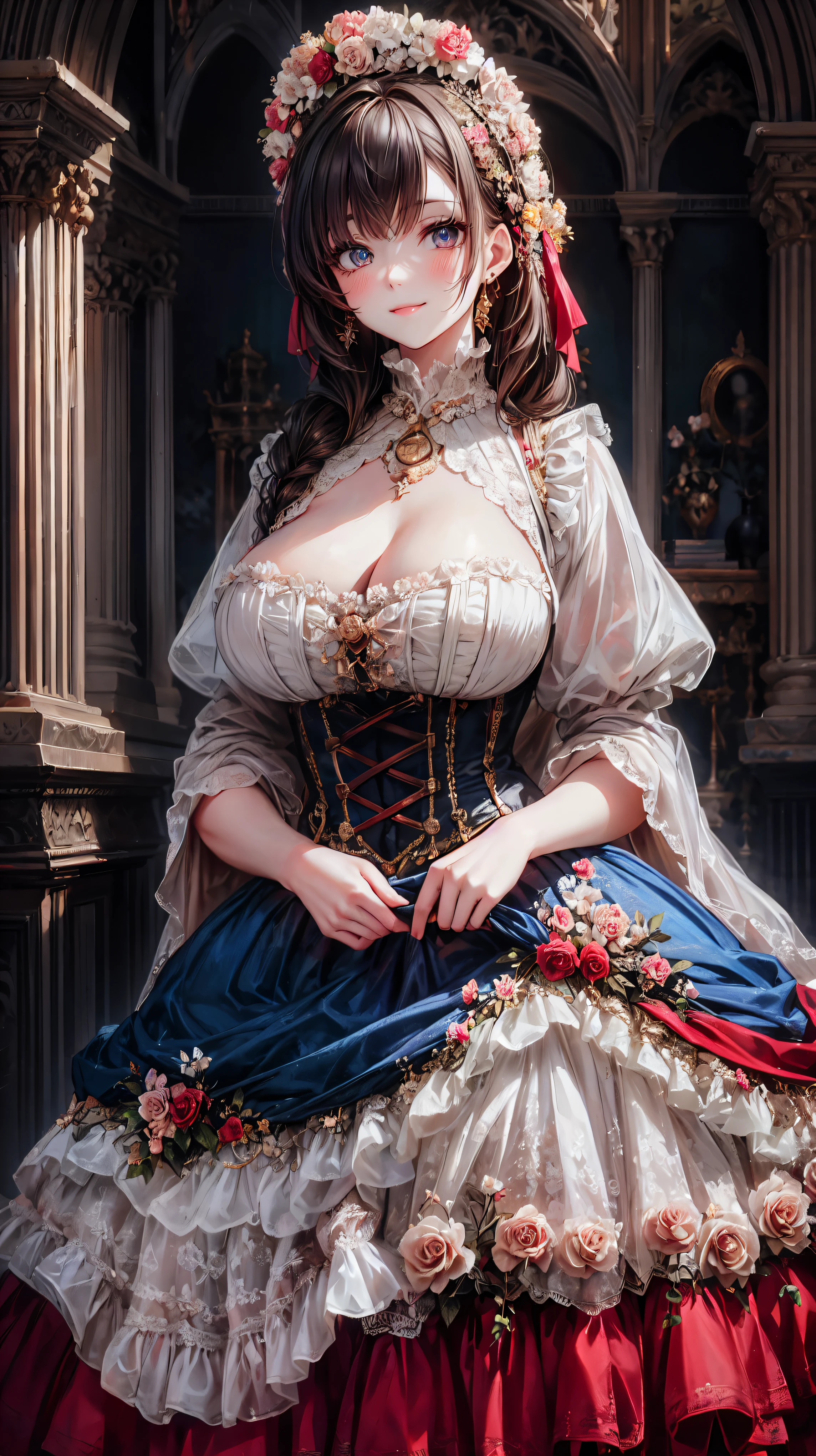  medieval Europe , Lady,  Floral Crinoline Hoop Skirt, red petticoat dress ,  big breasts, hyper detailed beautiful eyes,  hair ornament, Fluffy, smile, 