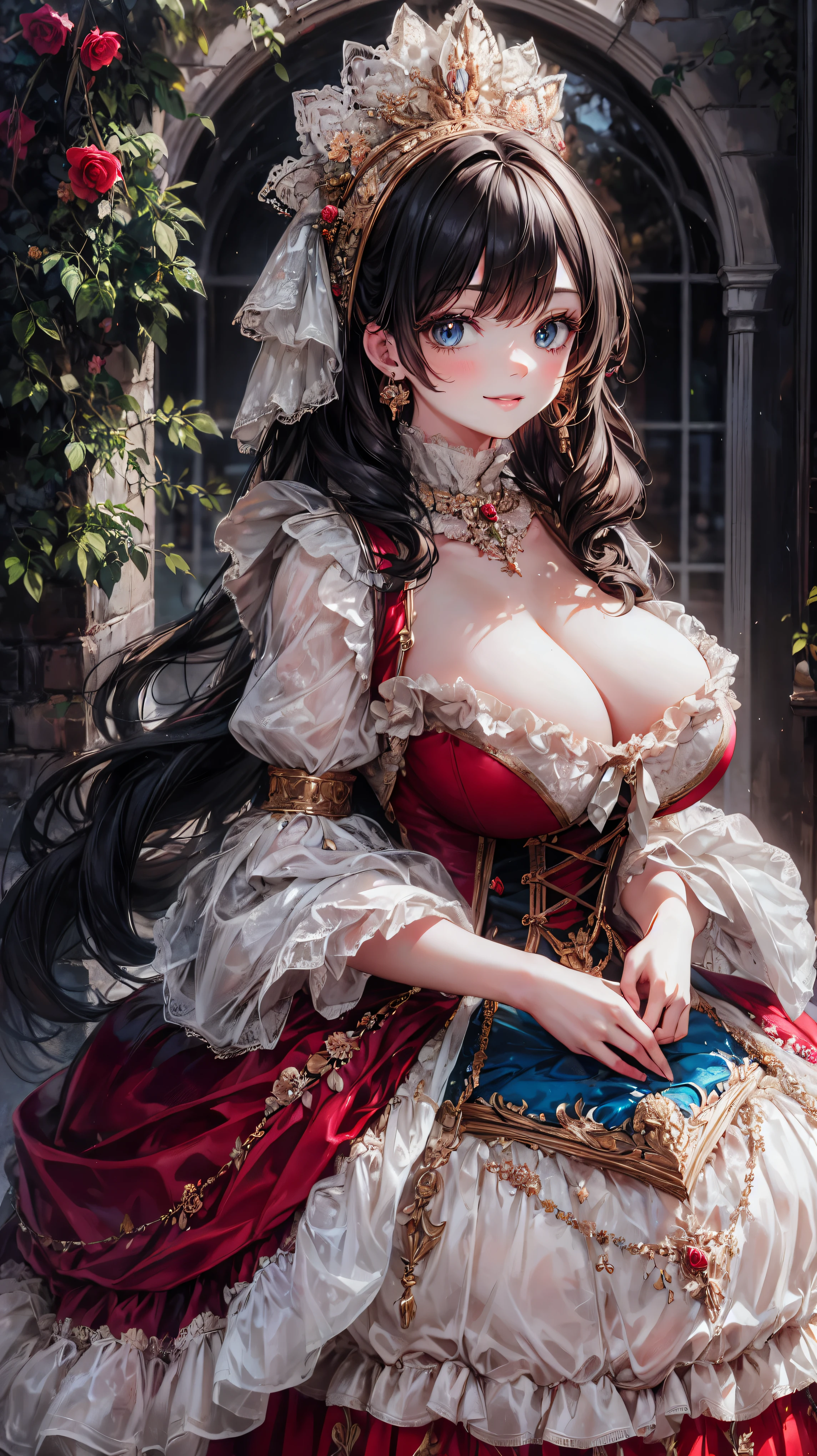  medieval Europe , Lady,  Floral Crinoline Hoop Skirt, red petticoat dress ,  big breasts, hyper detailed beautiful eyes,  hair ornament, Fluffy, ((smile)), 