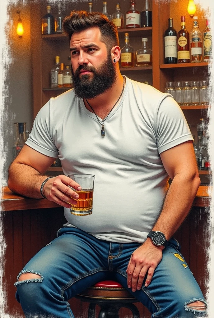 A cat man sits drinking a beer