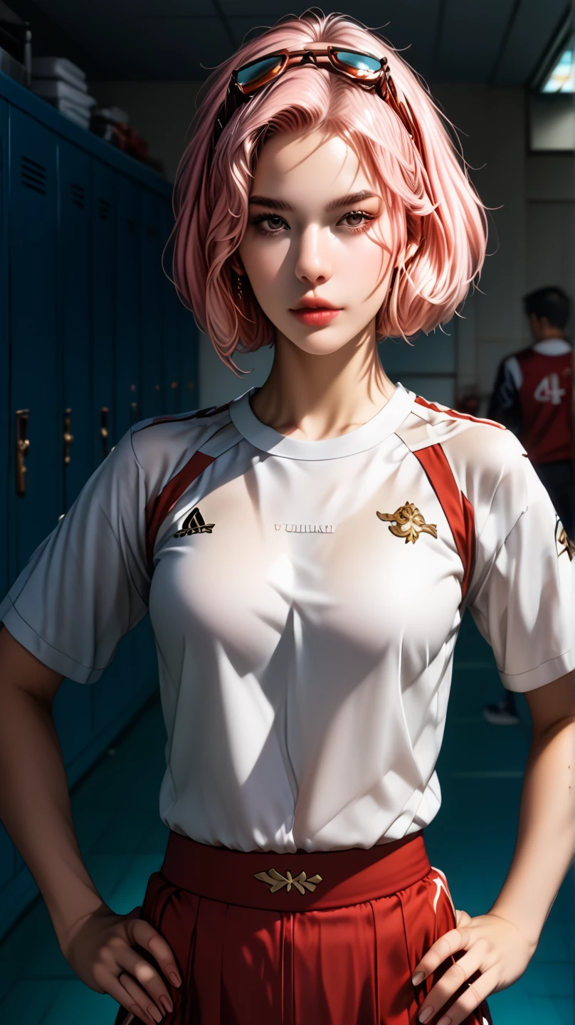 ultra-detailed,highly detailed,best quality,masterpiece,illustration, 
The image features an anime-style character with short pink hair  The character is wearing a white sports shirt with red accents and a matching red skirt. The setting appears to be a locker room or a sports equipment room, as there are clothes and uniforms hanging in the background. The character's pose, with hands on hips and a slightly tilted head, suggests confidence or curiosity. The lighting is soft, casting gentle shadows and giving the scene a somewhat realistic touch despite its animated nature.