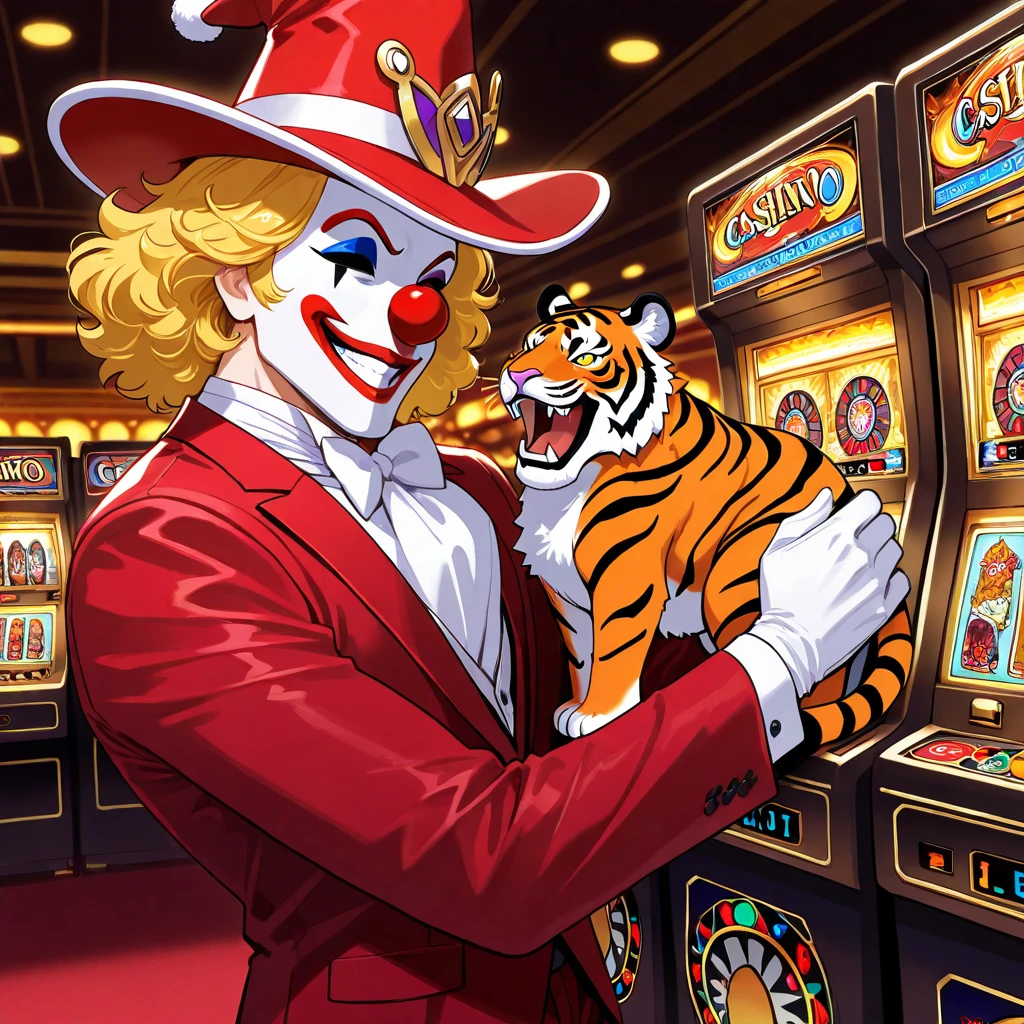 Highest quality,masterpiece, male clown , Red and White Silk Hat, blonde with perm ,Red suit, Devil's Smile ,orange tiger, slot machine ,Casino Background,Purple Suspicious Light 