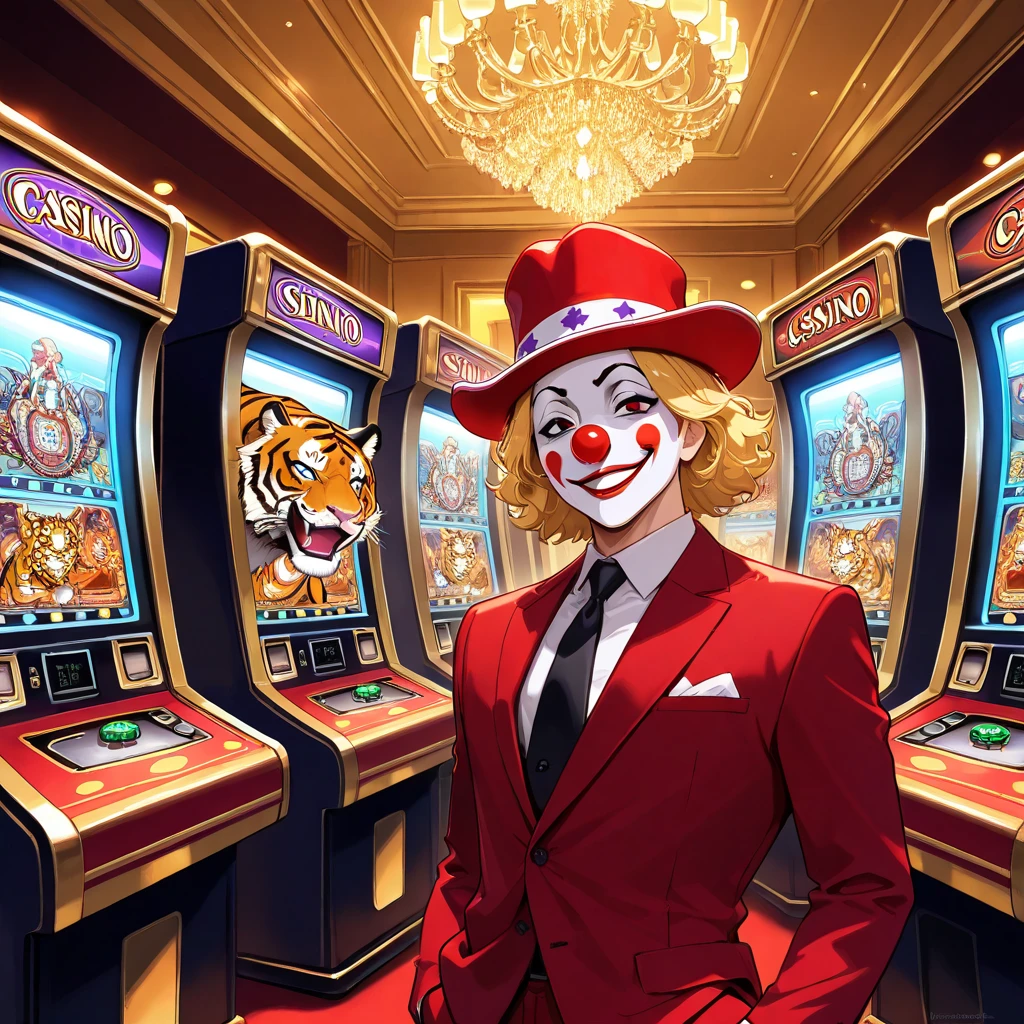 Highest quality,masterpiece, male clown , Red and White Silk Hat, blonde with perm ,Red suit, Devil's Smile ,orange tiger, slot machine ,Casino Background,Purple Suspicious Light 