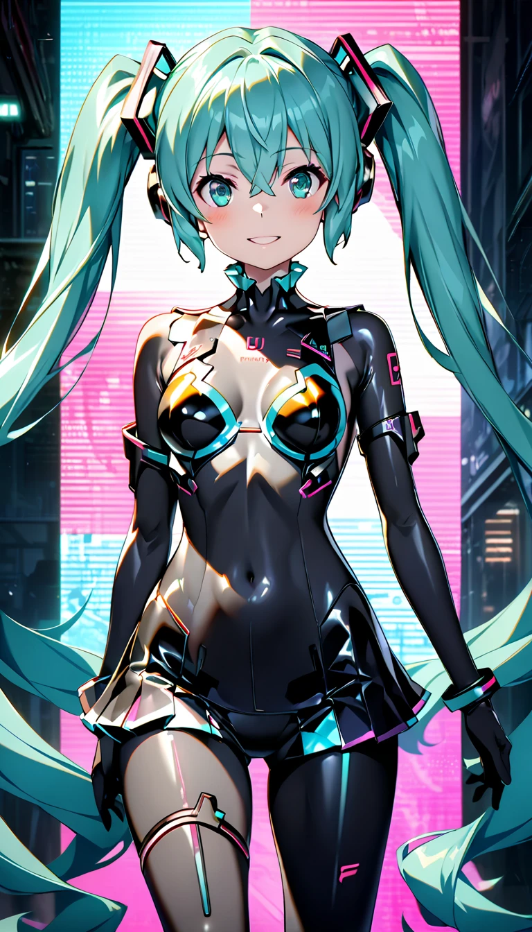 blacklight, 1girl, hatsune miku, neon bikini, black background, standing, full body, (neon body:1.3),