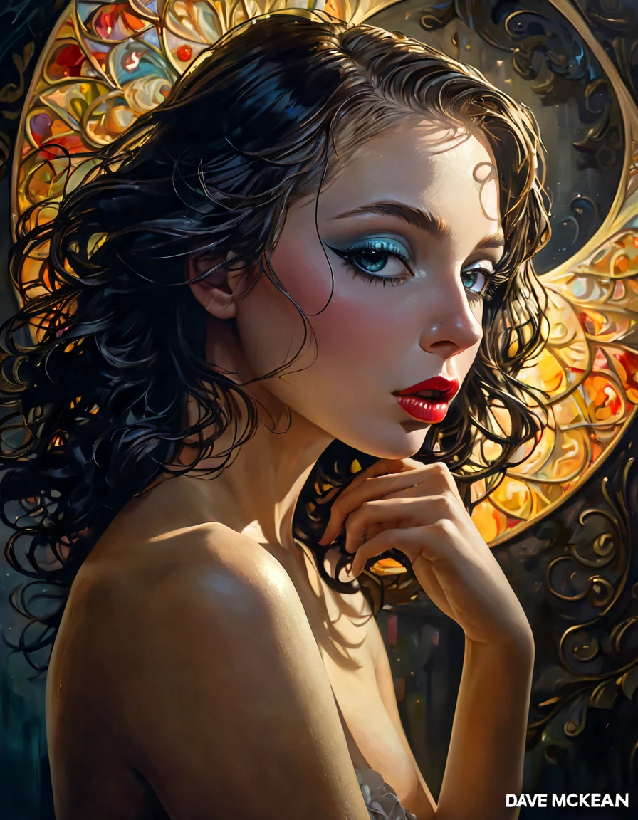the art of seduction eroticism, sexy, lascivious, surrealism, impressionism, (best quality, 4k, 8k, high resolution, masterpiece: 1.2), ultra-detailed, (realistic, photorealistic, photorealistic: 1.37), intricate details, vivid colors, sharp focus, professional, Artwork by Dave McKean, surrealism oil touch, oil painting style, portrait, woman, beautiful detailed eyes, beautiful detailed lips, dreamlike atmosphere, shadow play, soft lighting, playful pose, Dark tones, ethereal background, fantasy elements, texture, layers composition.
