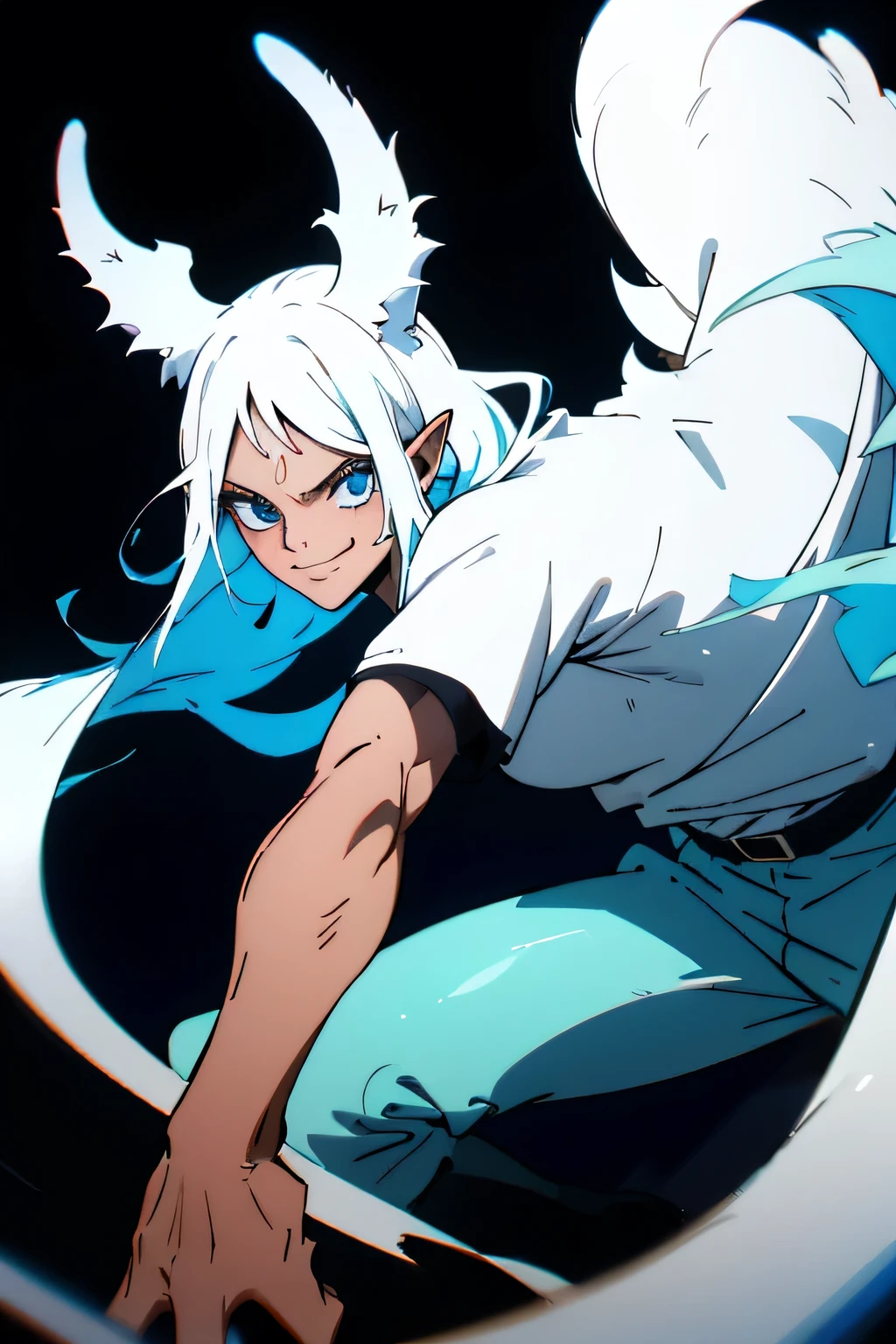 man,Tall,Broad shoulders,white, there are ears and a female tail , black long hair,Sweet face,handsome,Smiling, not wearing a shirt, in tight pants , in a dark atmosphere,Deep blue eyes, black background, best picture ,Ugh in a sexy position