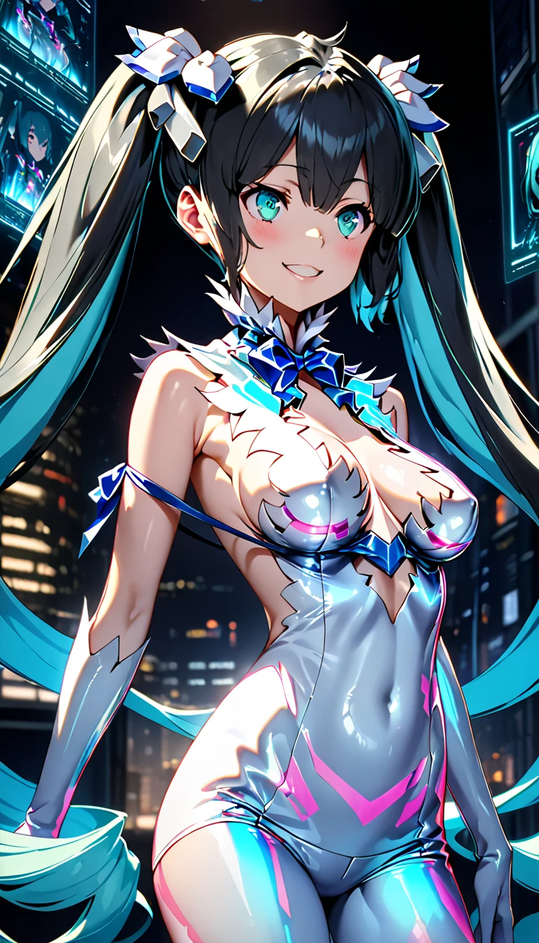 holography, Draw in neon colors, Beautiful holographic_Cyber Girl, Neon Hologram Suit, Shiny cyberpunk futuristic outfit, ((Hestia, Aqua Eye, Aqua Hair, bangs, whole body, Hair between the eyes, Long Hair, Twin tails, very Long Hair)), Slim figure:1.4, Beautiful Eyes, Glossy Lips, Glowing Skin, Detailed skin texture, ((smile, blush, Bust Shot:1.4)), Multi-colored holographic pattern, Dynamic pose, Dramatic lighting, Cinematic composition, Intricate details, (Highest quality:1.2, Very detailed, anime, Attention to detail, Ultra-high resolution, High Contrast, masterpiece:1.2, Highest quality, Best aesthetics),