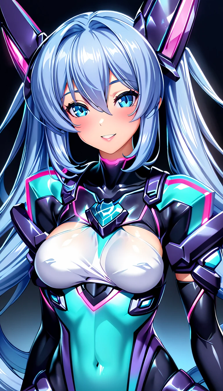 holography, Draw in neon colors, Beautiful holographic_Cyber Girl, Neon Hologram Suit, Shiny cyberpunk futuristic outfit, ((exstiaM, blue Eye, blue Hair, bangs, whole body, Hair between the eyes, Long Hair, Twin tails, very Long Hair)), Slim figure:1.4, Beautiful Eyes, Glossy Lips, Glowing Skin, Detailed skin texture, ((smile, blush, Bust Shot:1.4)), Multi-colored holographic pattern, Dynamic pose, Dramatic lighting, Cinematic composition, Intricate details, (Highest quality:1.2, Very detailed, anime, Attention to detail, Ultra-high resolution, High Contrast, masterpiece:1.2, Highest quality, Best aesthetics),